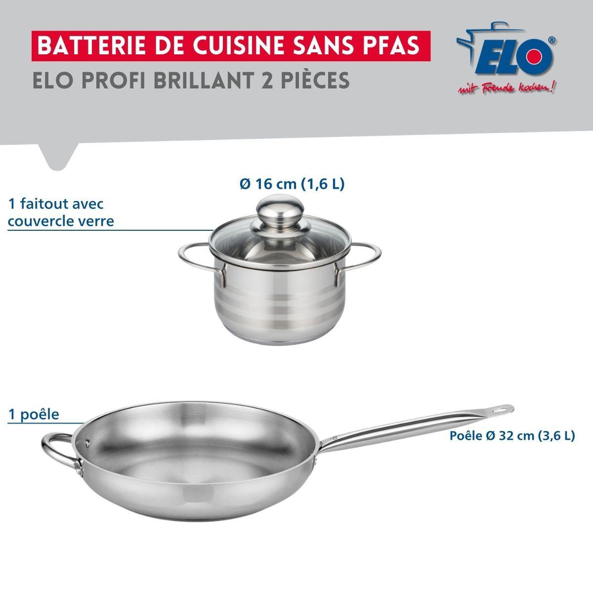 Voir la diapositive 2 : ELO Ensemble de 1 poêle de cuisson 32 cm et 1 faitout 16 cm elo profi brillant