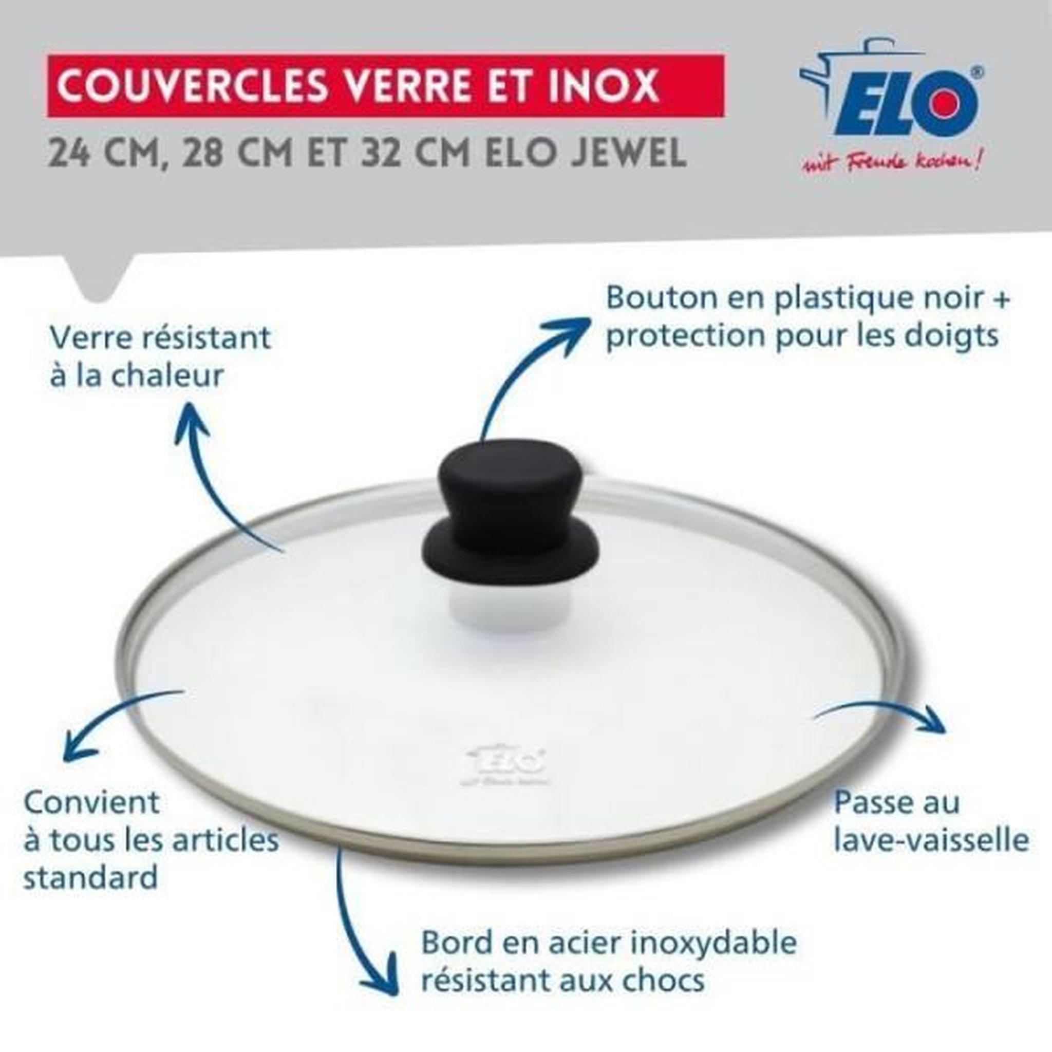 Voir la diapositive 4 : ELO Set de 3 poeles a induction avec couvercles en verre - elo - professional - inox 18/10 elodur - ø 24-28 et 32 cm