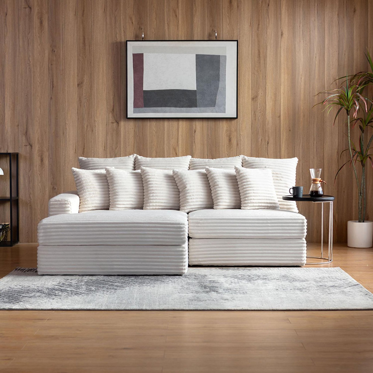 CONCEPT USINE Canapé d'angle 2-3 places assise profonde en velours côtelé beige CARDIFF