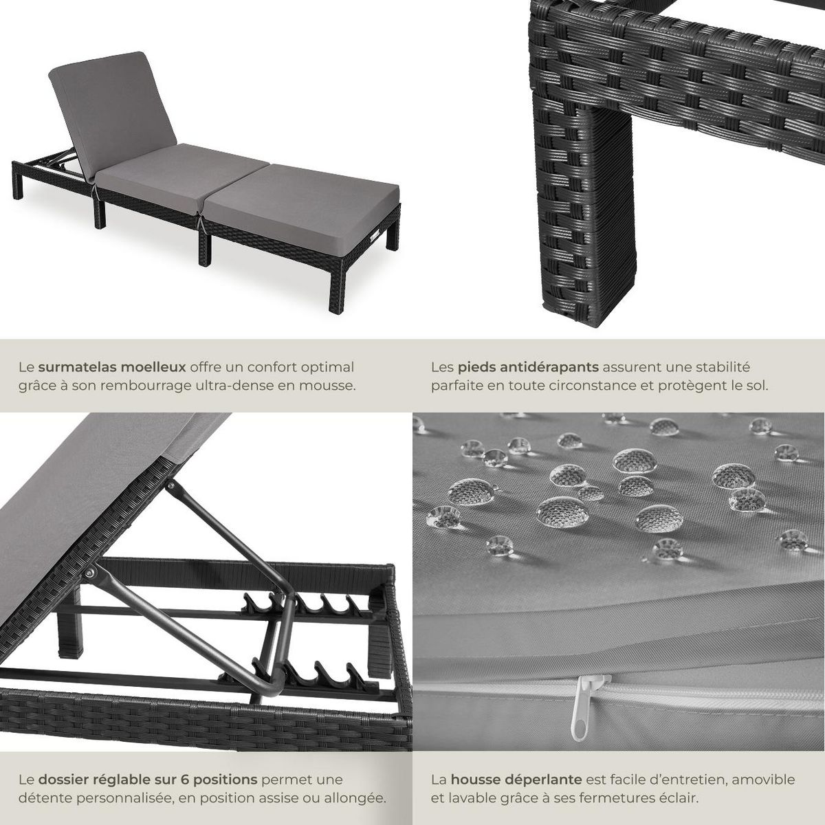 tectake Bain de soleil en rotin robuste noir