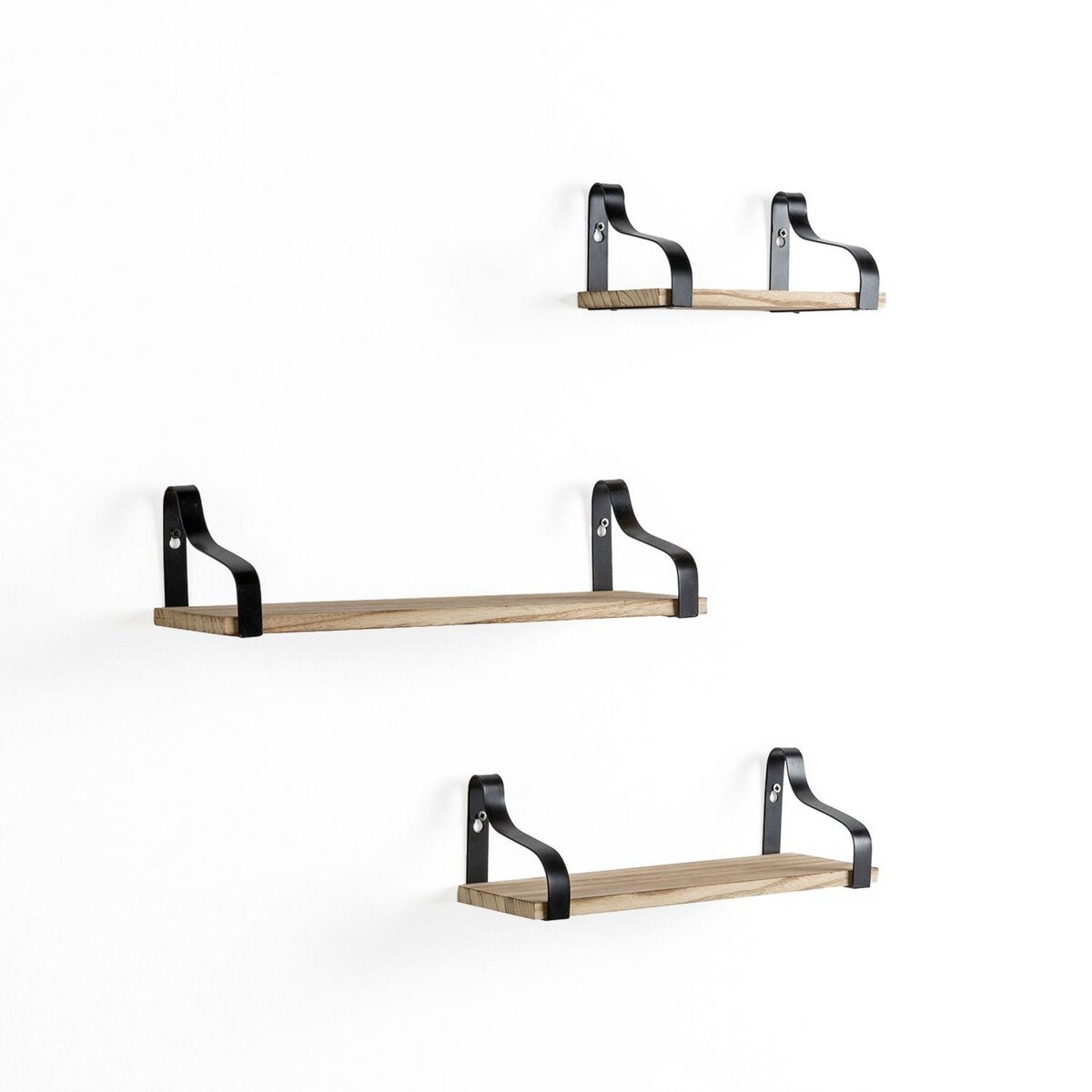 VS VENTA-STOCK Set de 3 étagères murales Bemol en métal noir et bois de paulownia