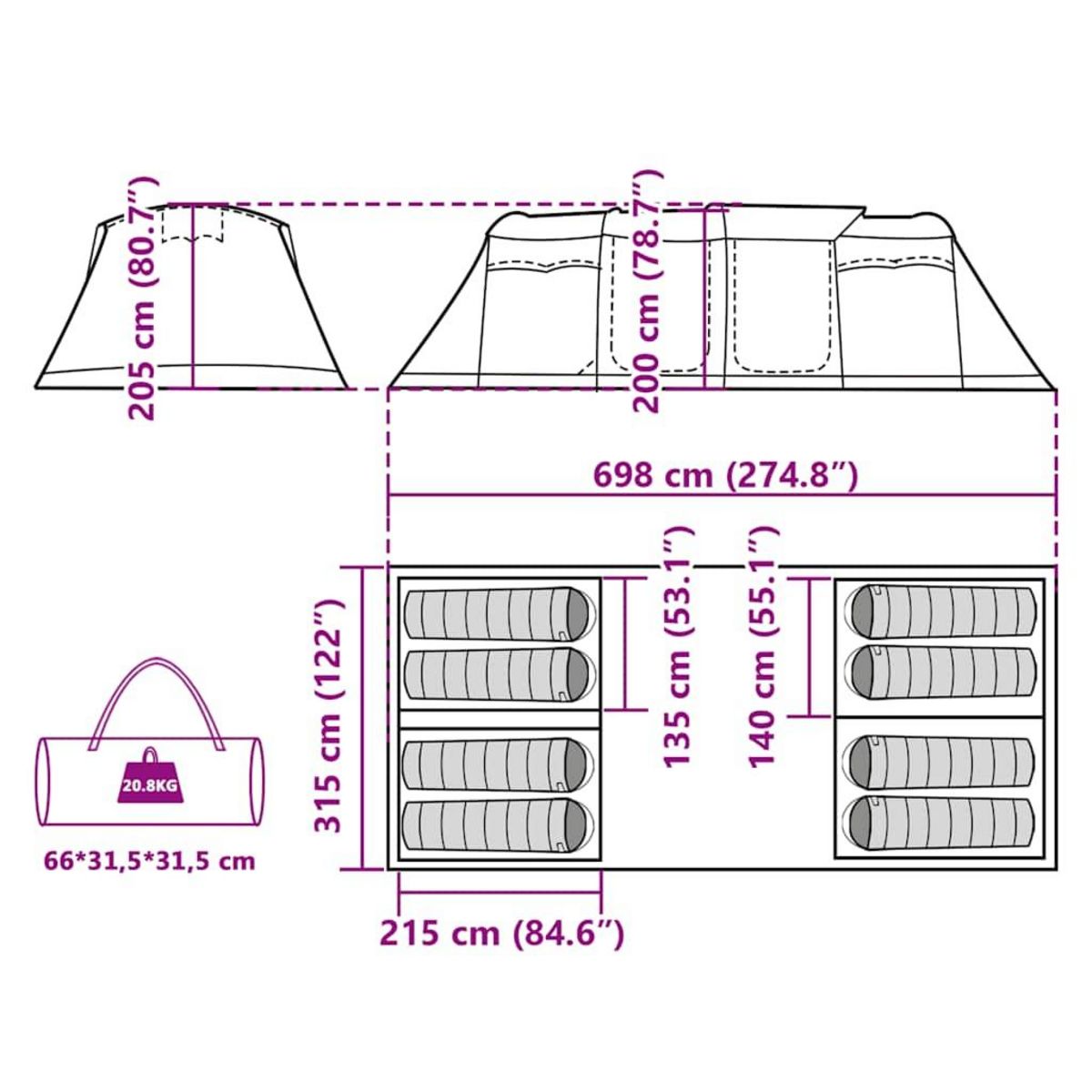 VIDAXL Tente familiale tunnel 8 personnes bleu impermeable