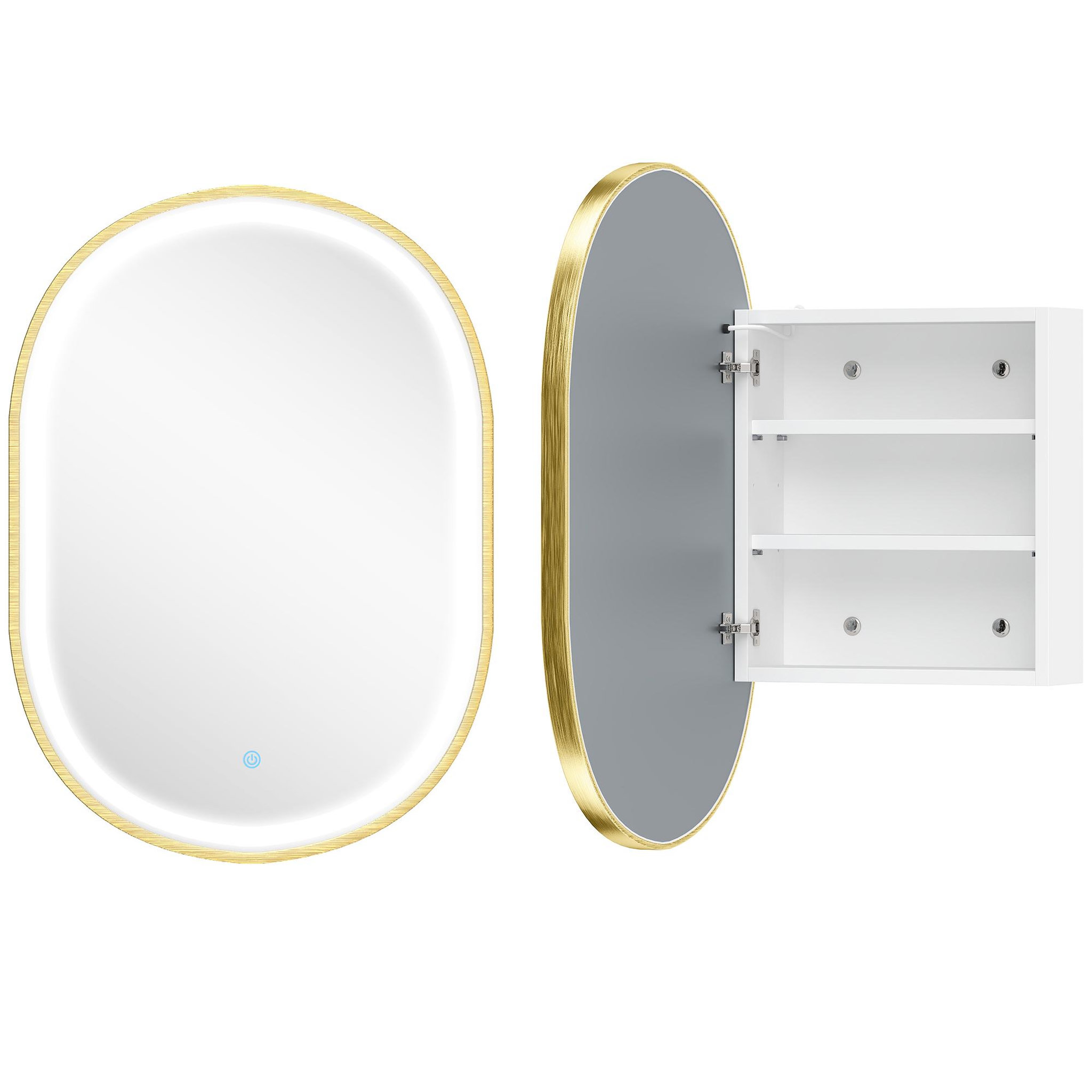 HOMCOM Armoire miroir led réglable salle de bain design ovale alu brossé doré 2 étagères