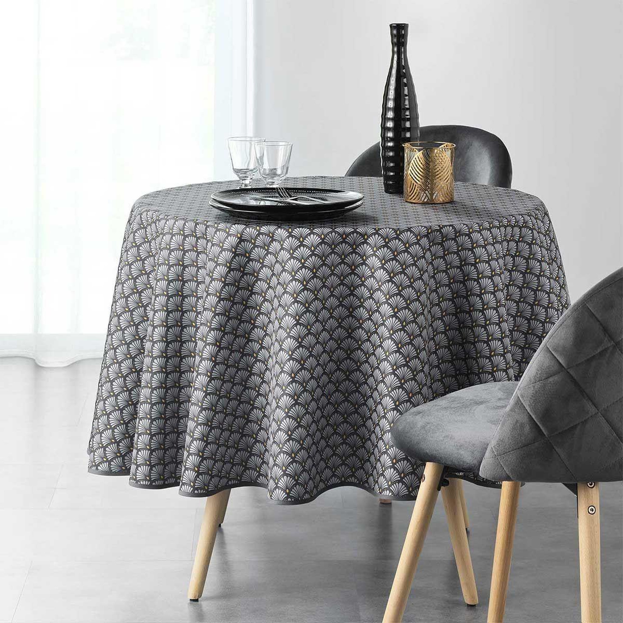 Voir la diapositive 2 : Douceur d'Intérieur Nappe ronde imprimée  art chic  180cm anthracite