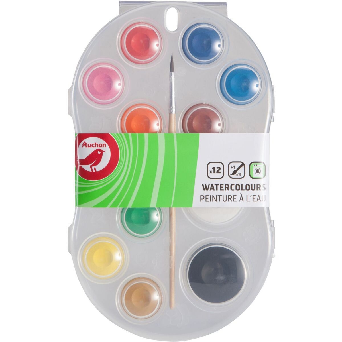 AUCHAN Boîte de 12 peintures à l'eau + 1 pinceau transparente