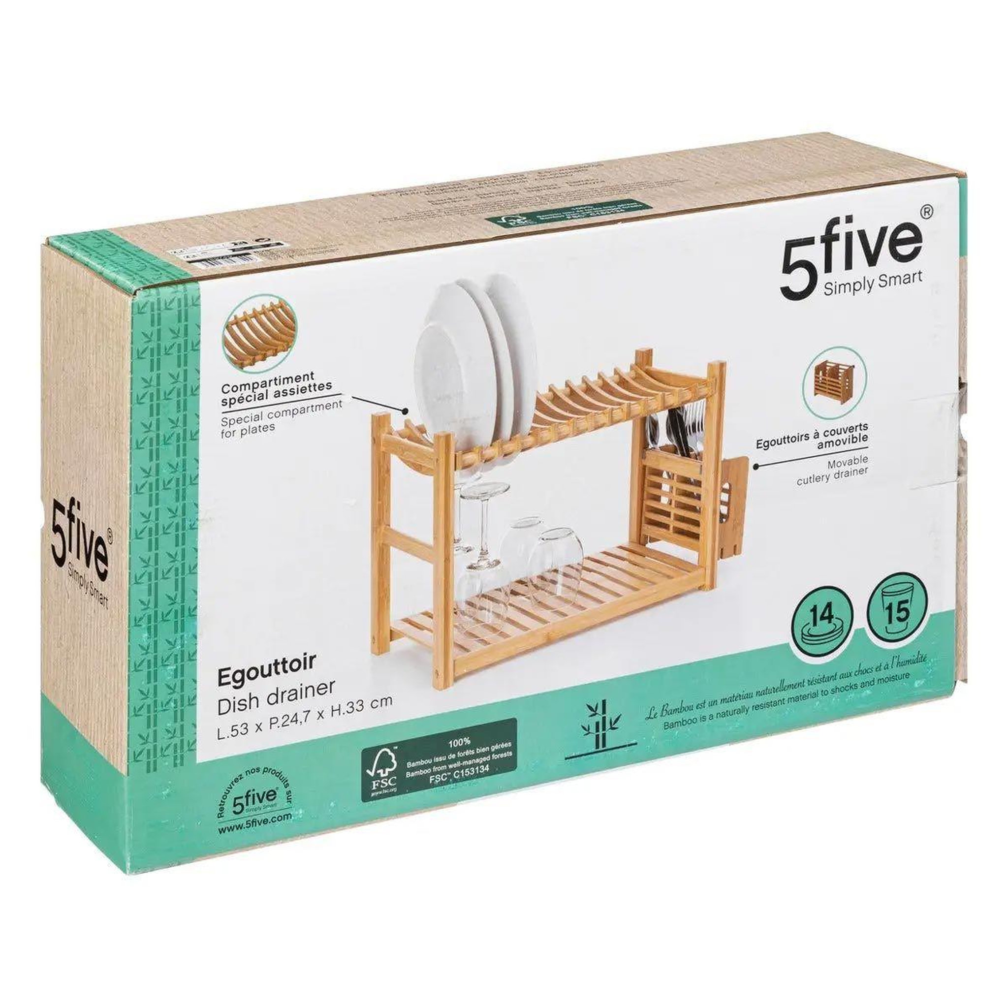 Voir la diapositive 5 : FIVE Égouttoir à vaisselle 2 niveaux  bambou  53cm naturel