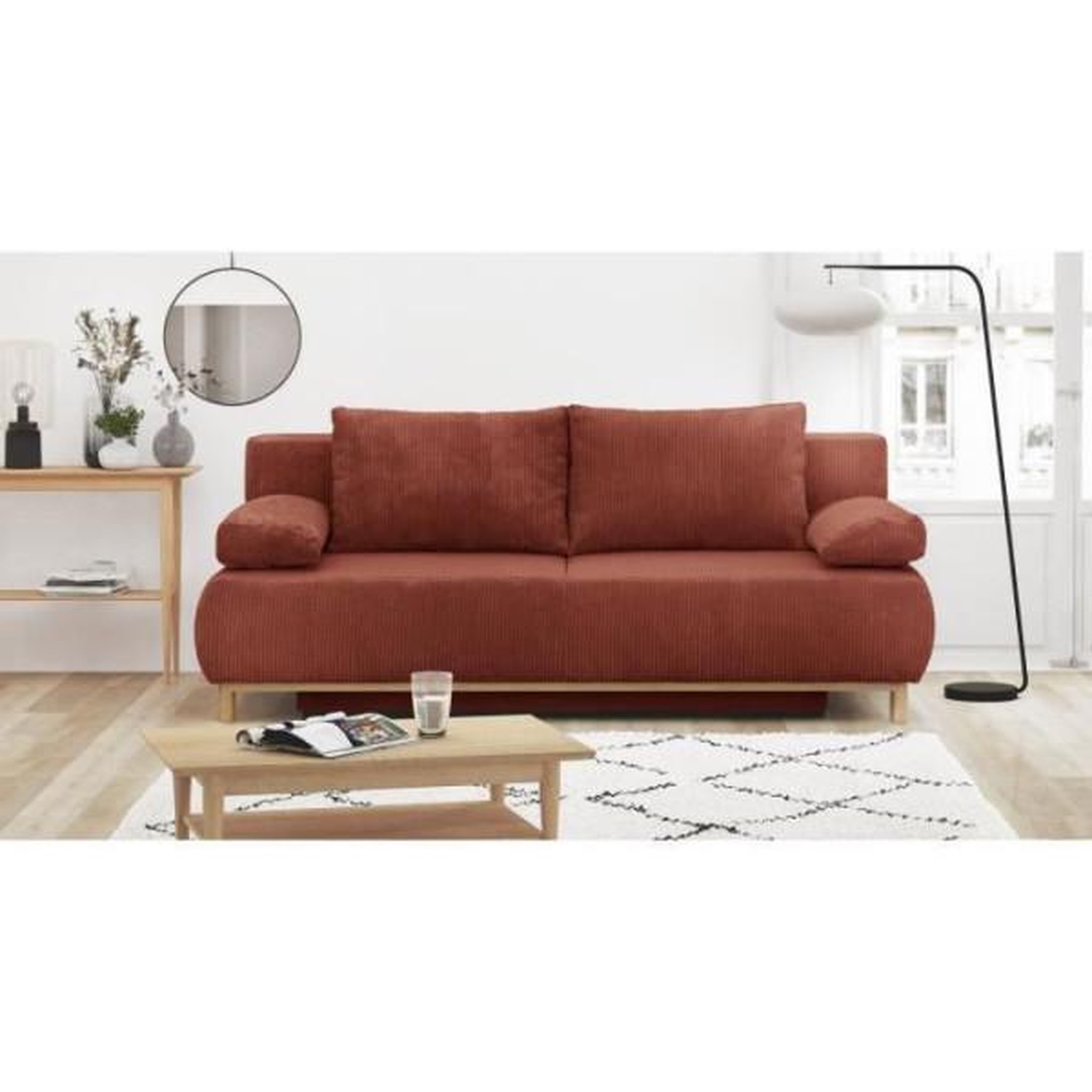 Voir la diapositive 2 : MARKET24 Banquette convertible 3 places MIKA - Velours côtelé Terracotta - Coffre de rangement - L 192 x H 84 x P 93 cm