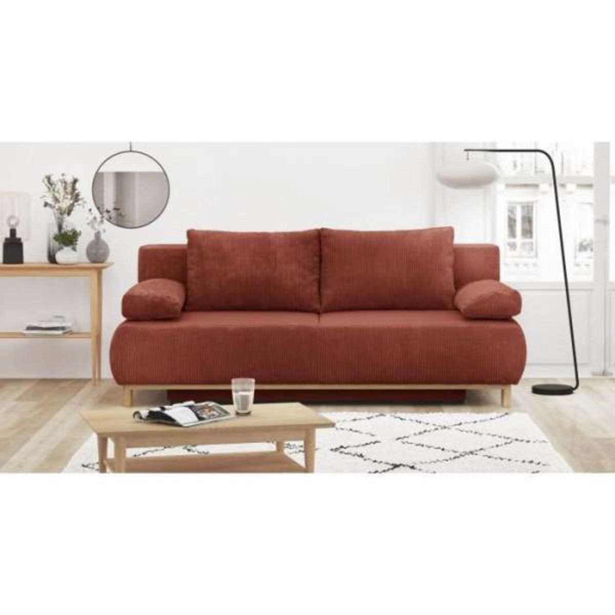 MARKET24 Banquette convertible 3 places MIKA - Velours côtelé Terracotta - Coffre de rangement - L 192 x H 84 x P 93 cm