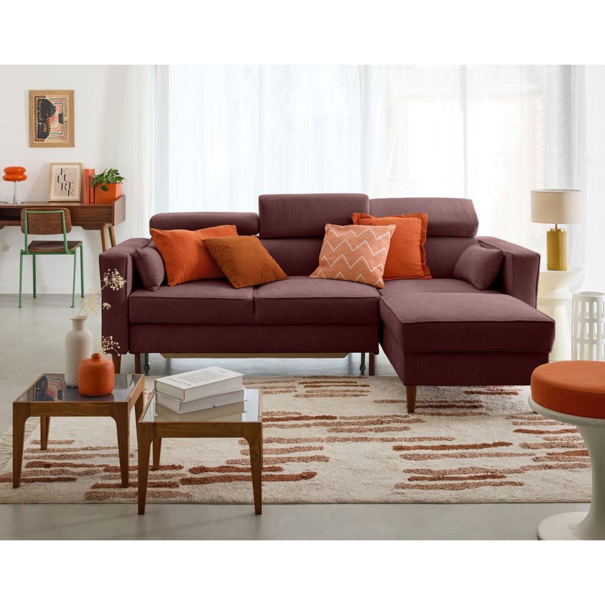 BEST MOBILIER Alicante - canapé d'angle réversible convertible avec têtières - coffre - 4 places - en tissu texturé