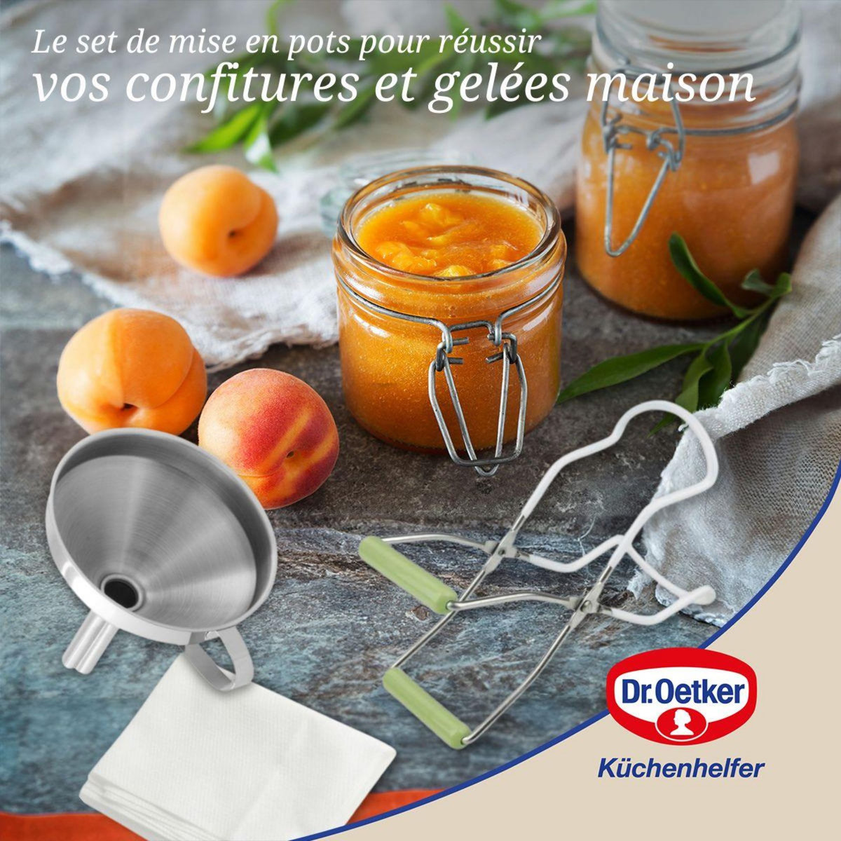 DR.OETKER 3 ustensiles pour confiture avec pince à bocaux, entonnoir et tissu filtrant Dr Oetker