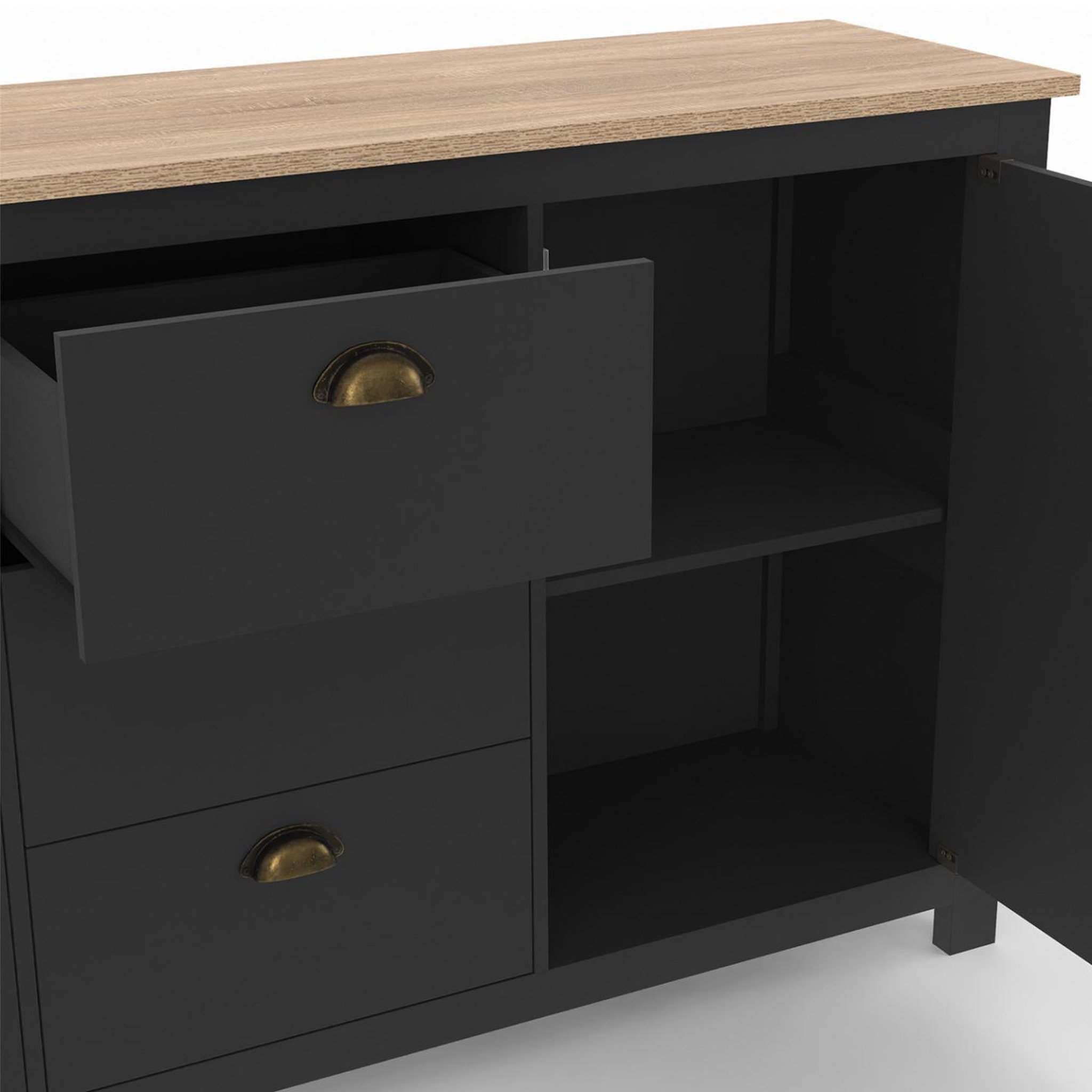 Voir la diapositive 6 : ID MARKET Buffet 130 cm ISIS campagne 2 portes et 3 tiroirs bois et noir