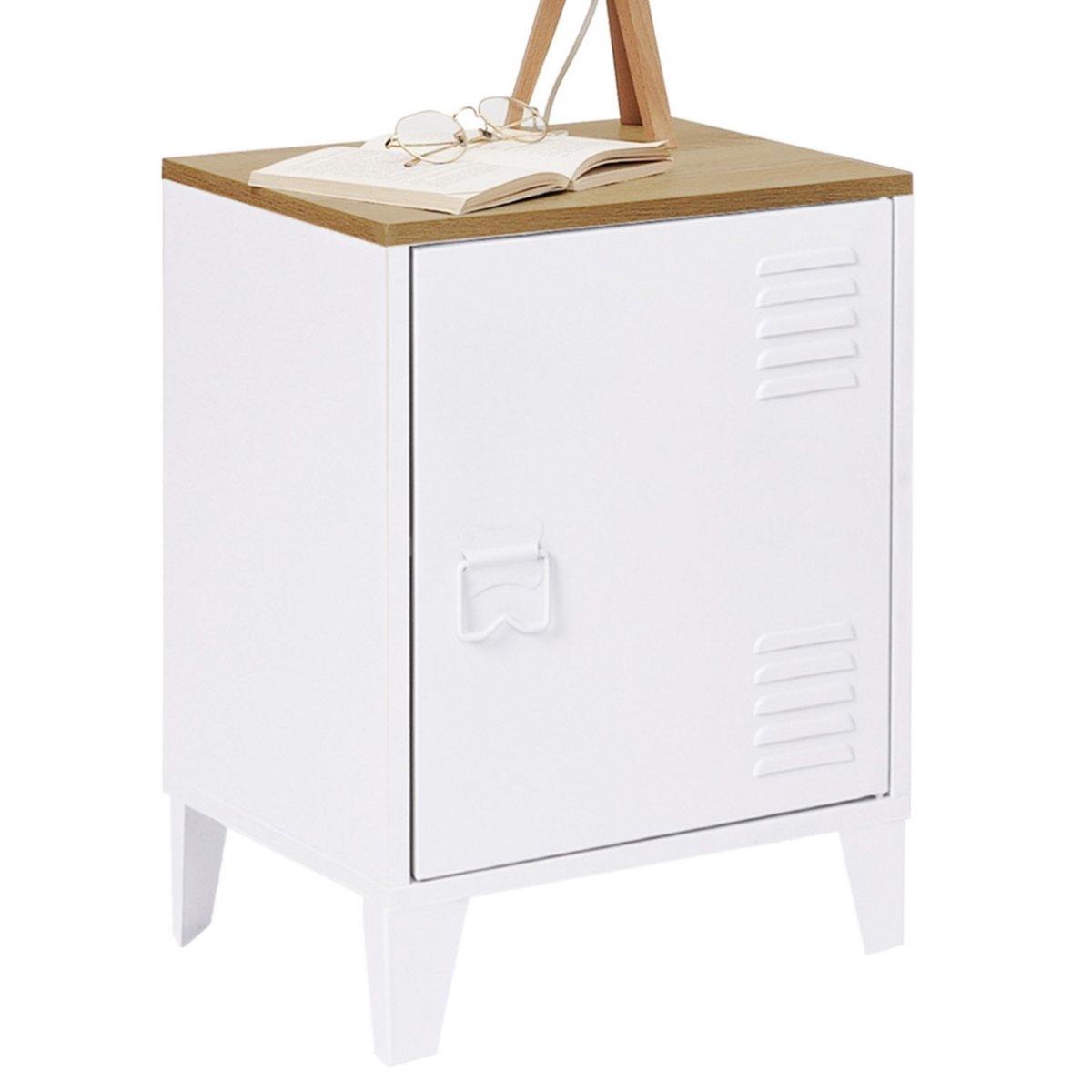 ID MARKET Table de chevet ESTER 1 porte métal blanc plateau façon hêtre design industriel