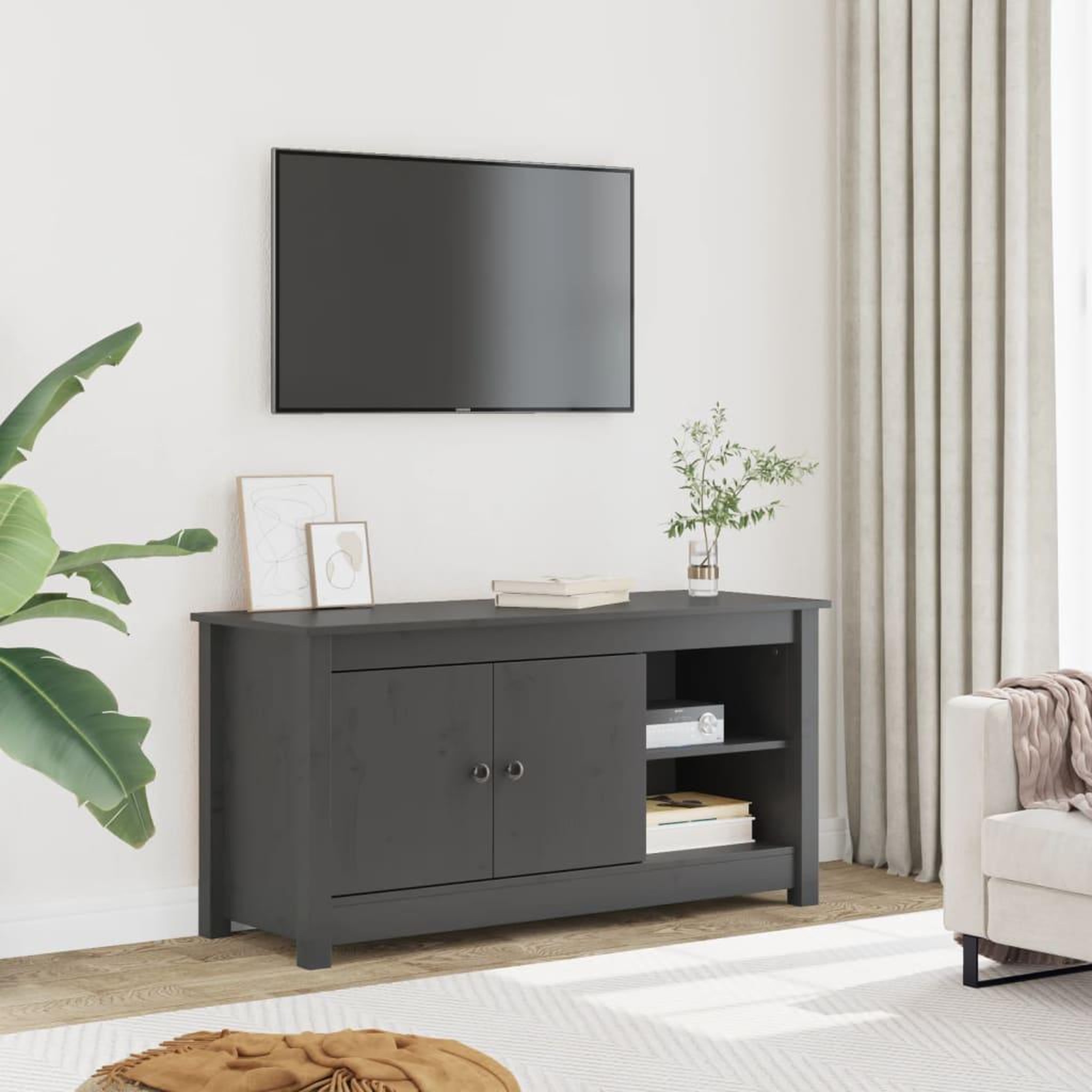 Voir la diapositive 1 : VIDAXL Meuble TV Gris 103x36,5x52 cm Bois de pin massif