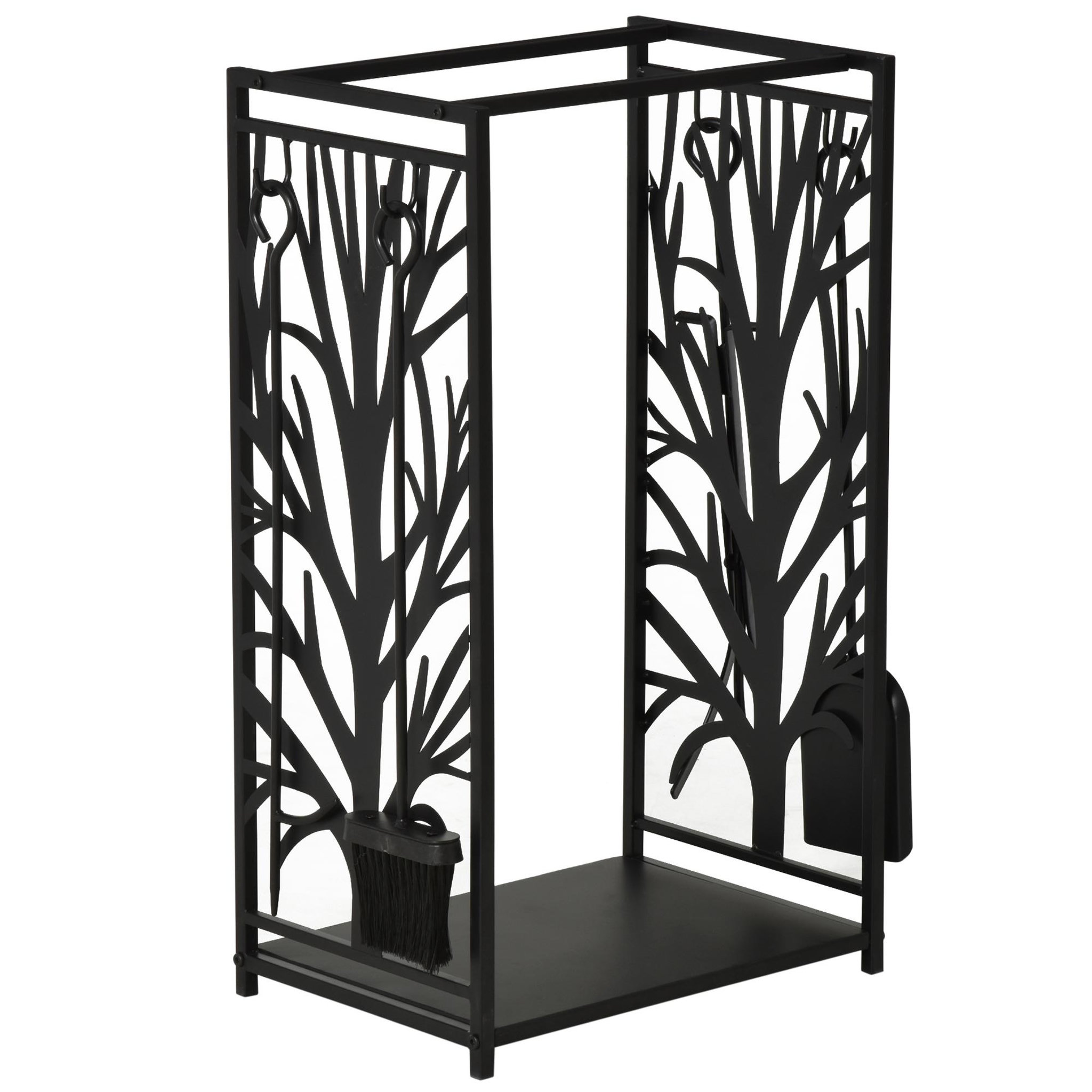Voir la diapositive 1 : HOMCOM Serviteur de cheminée arbre - porte bûches - range bûches multi accessoires étagère 46L x 29l x 70H cm acier noir