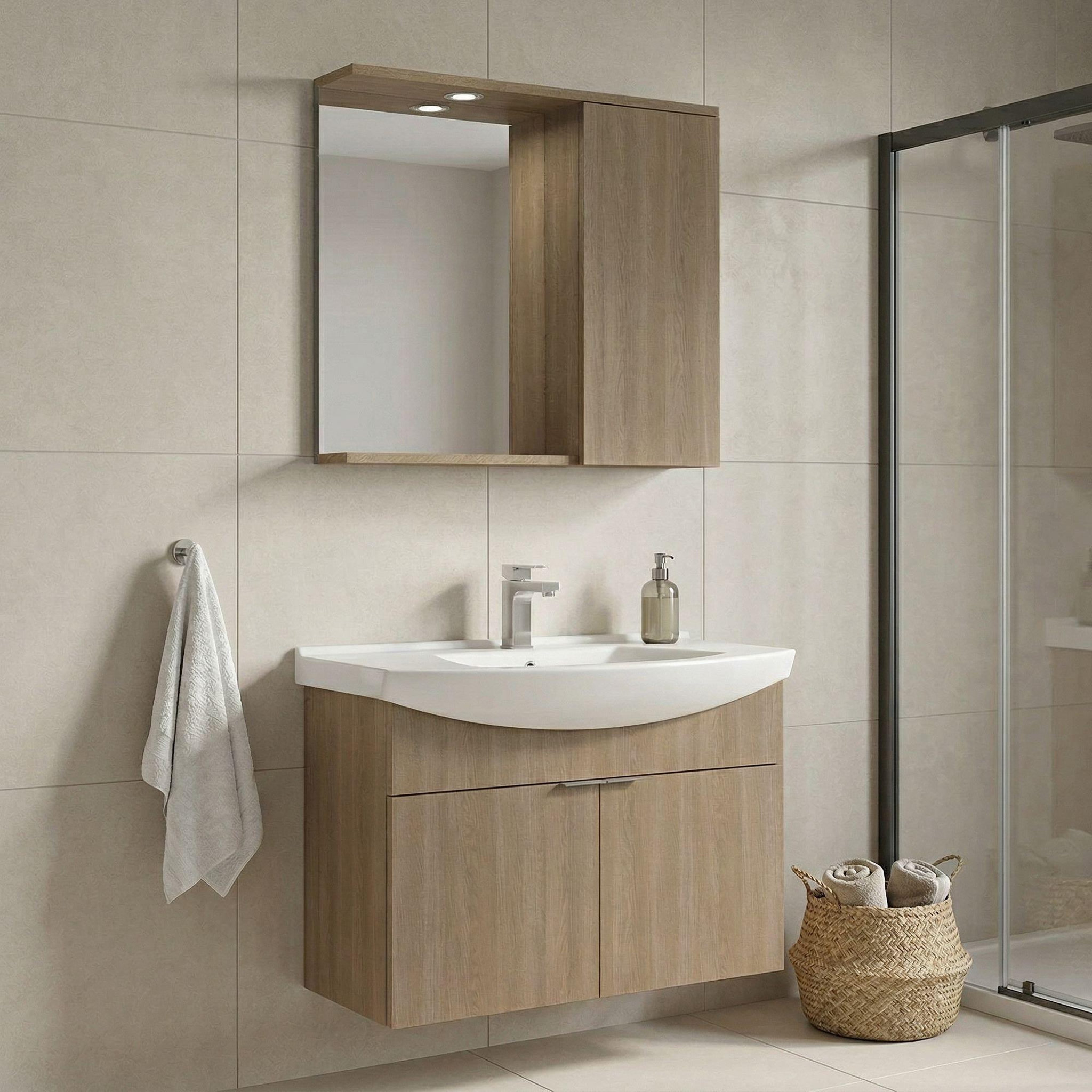 Voir la diapositive 2 : Habitat et Jardin Meuble avec simple vasque et miroir  Purus 80  - 80 x 50 x 58 cm - Oak