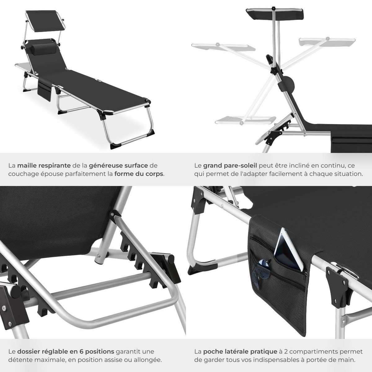 tectake Bain de soleil pliable avec oreiller noir