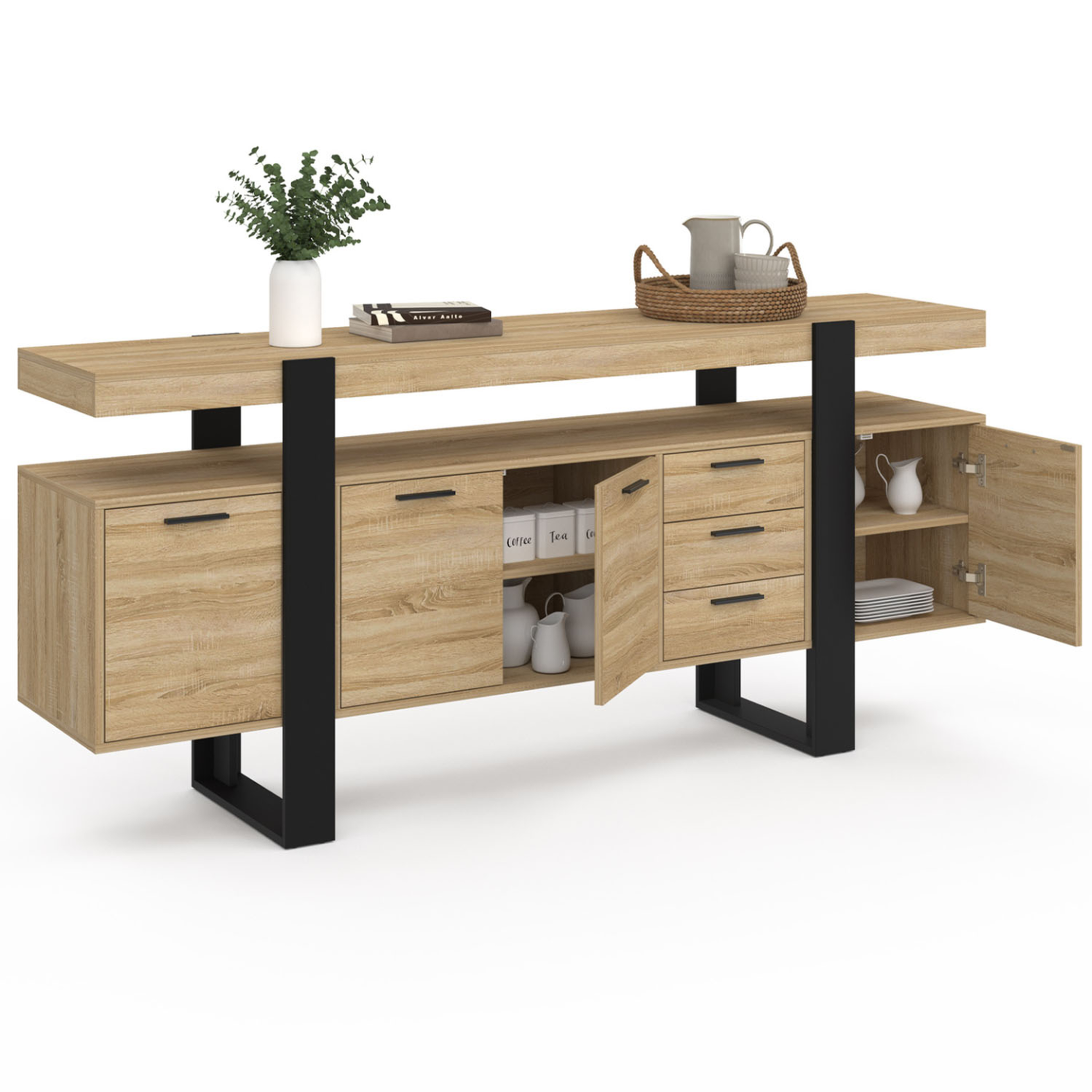 Voir la diapositive 4 : ID MARKET Buffet 180 cm phoenix xxl 4 portes avec 3 tiroirs bois et noir