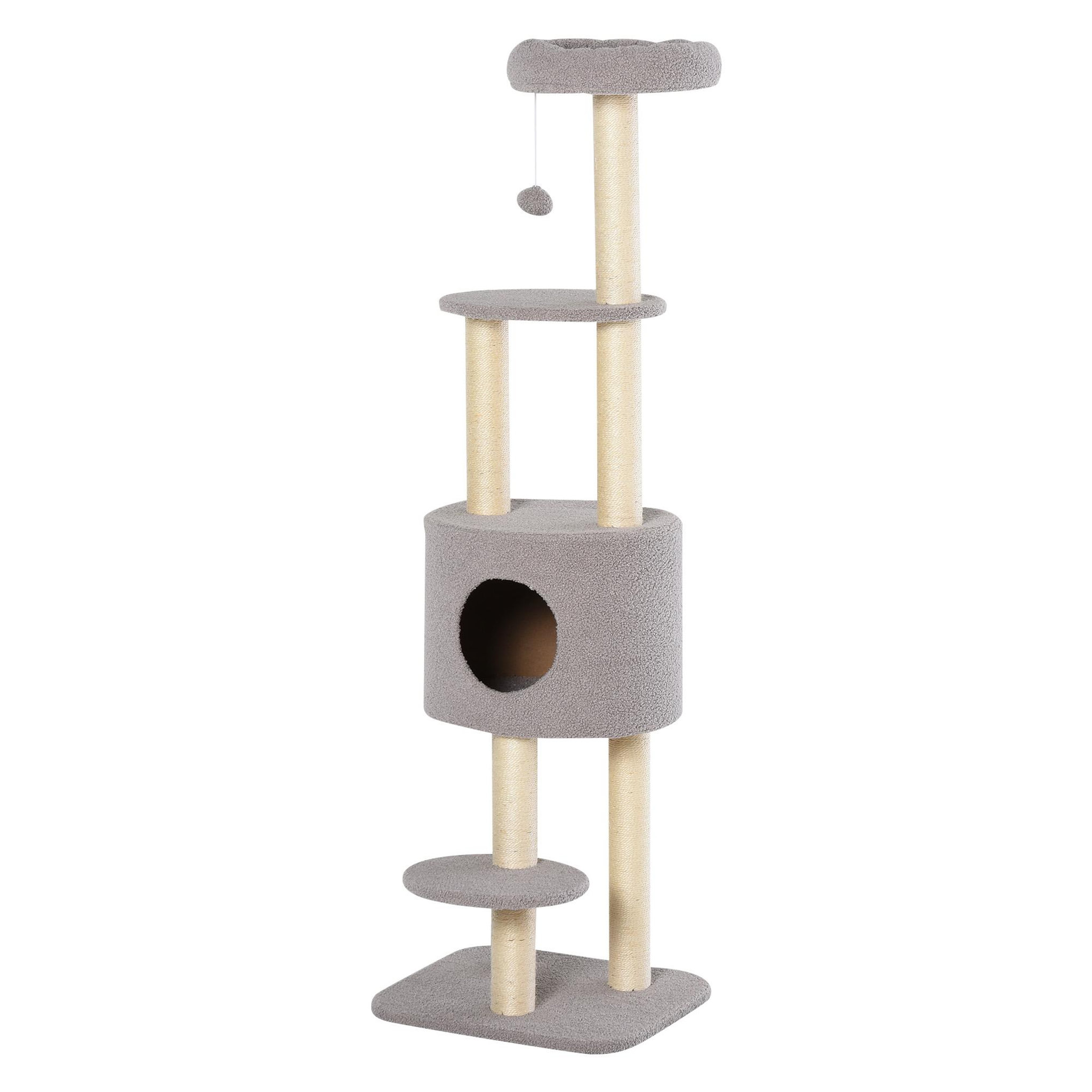 PAWHUT Pawhut arbre à chats avec griffoir niche poteaux peluche haute densité 45l x 40l x 148h cm gris
