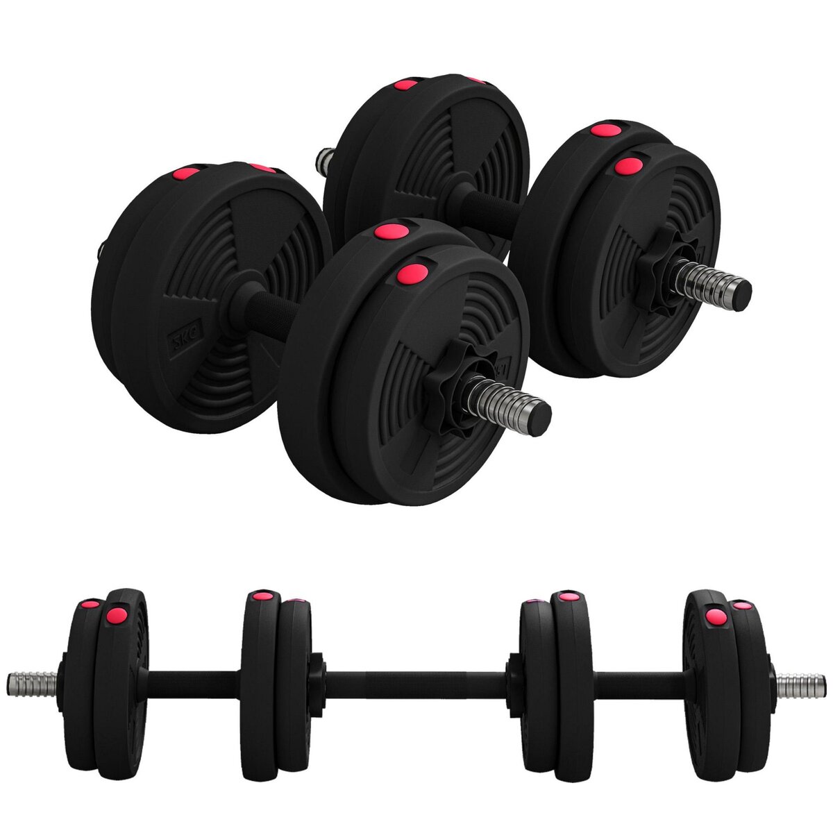 HOMCOM Haltères 2 en 1 réglables - haltères libres 15 Kg - barres incluses - entraînement musculaire & haltérophilie - noir rouge