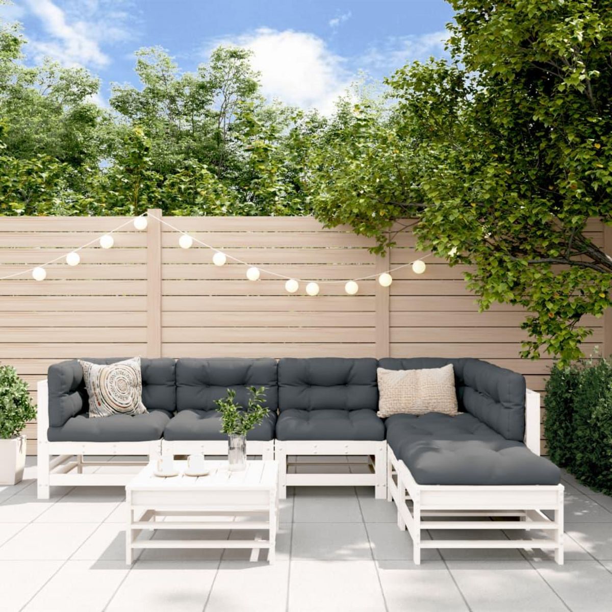 VIDAXL Salon de jardin 7 pcs avec coussins blanc bois massif