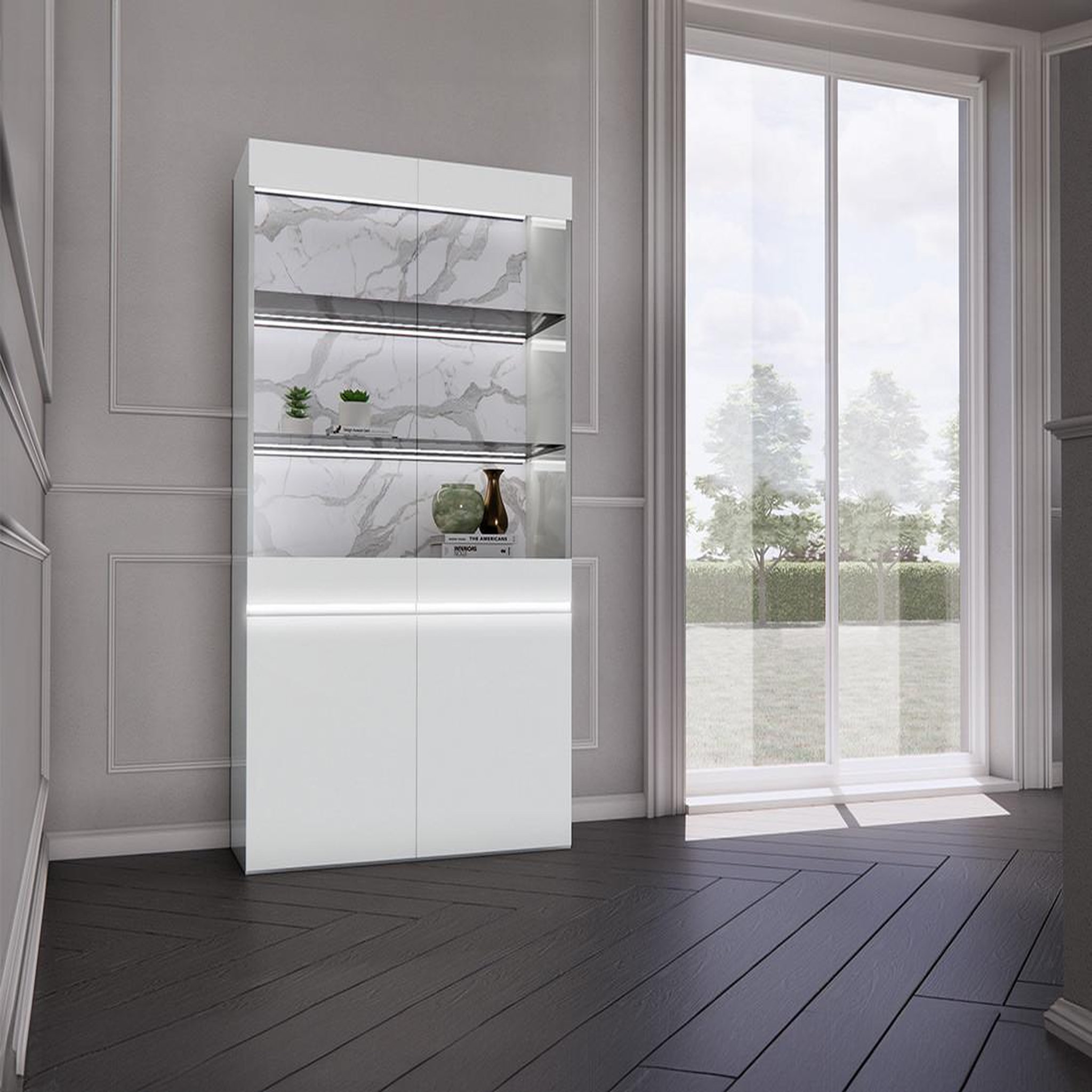 Voir la diapositive 1 : BEST MOBILIER Amaury - vitrine - blanc - fond effet marbre - 115x185 cm