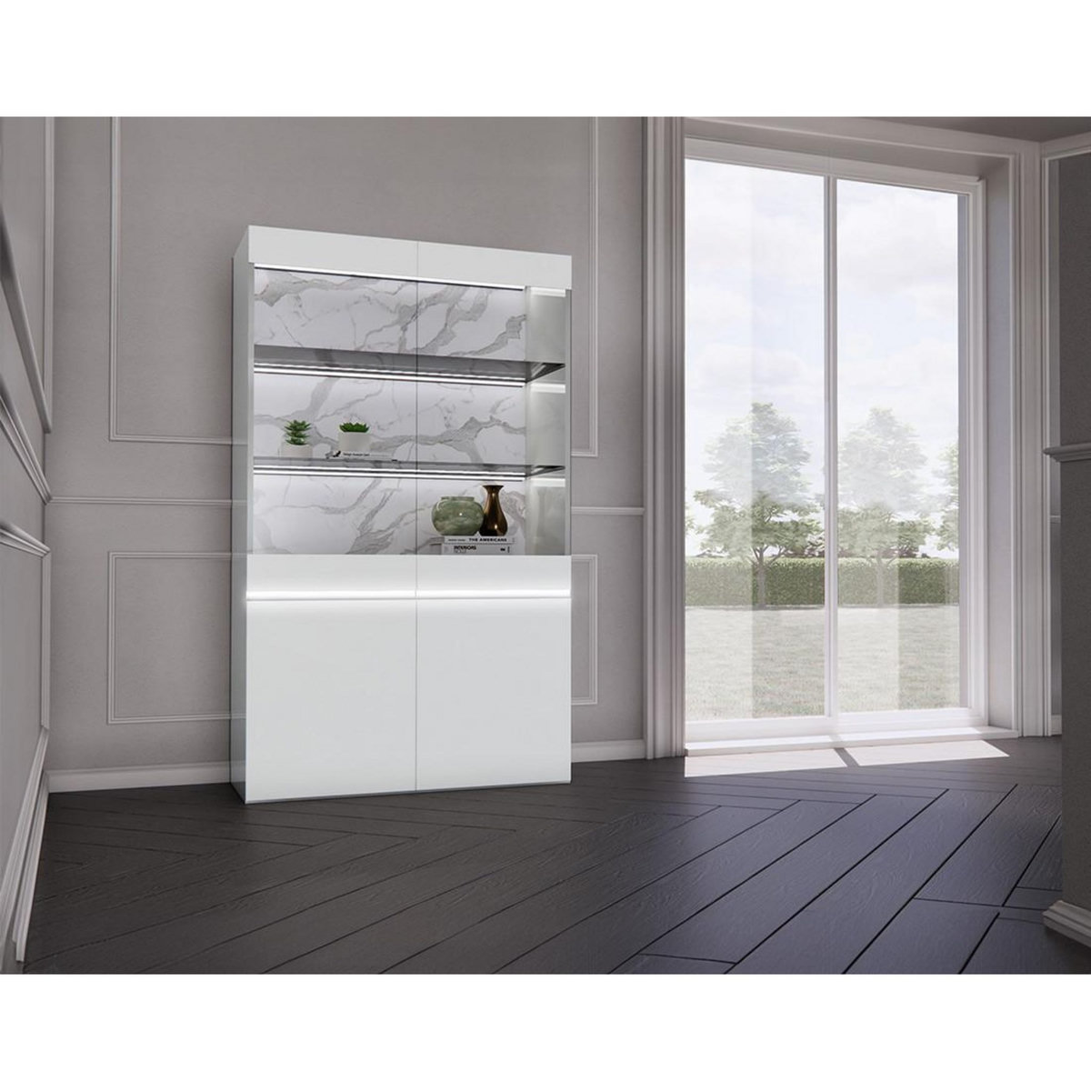 BEST MOBILIER Amaury - vitrine - blanc - fond effet marbre - 115x185 cm