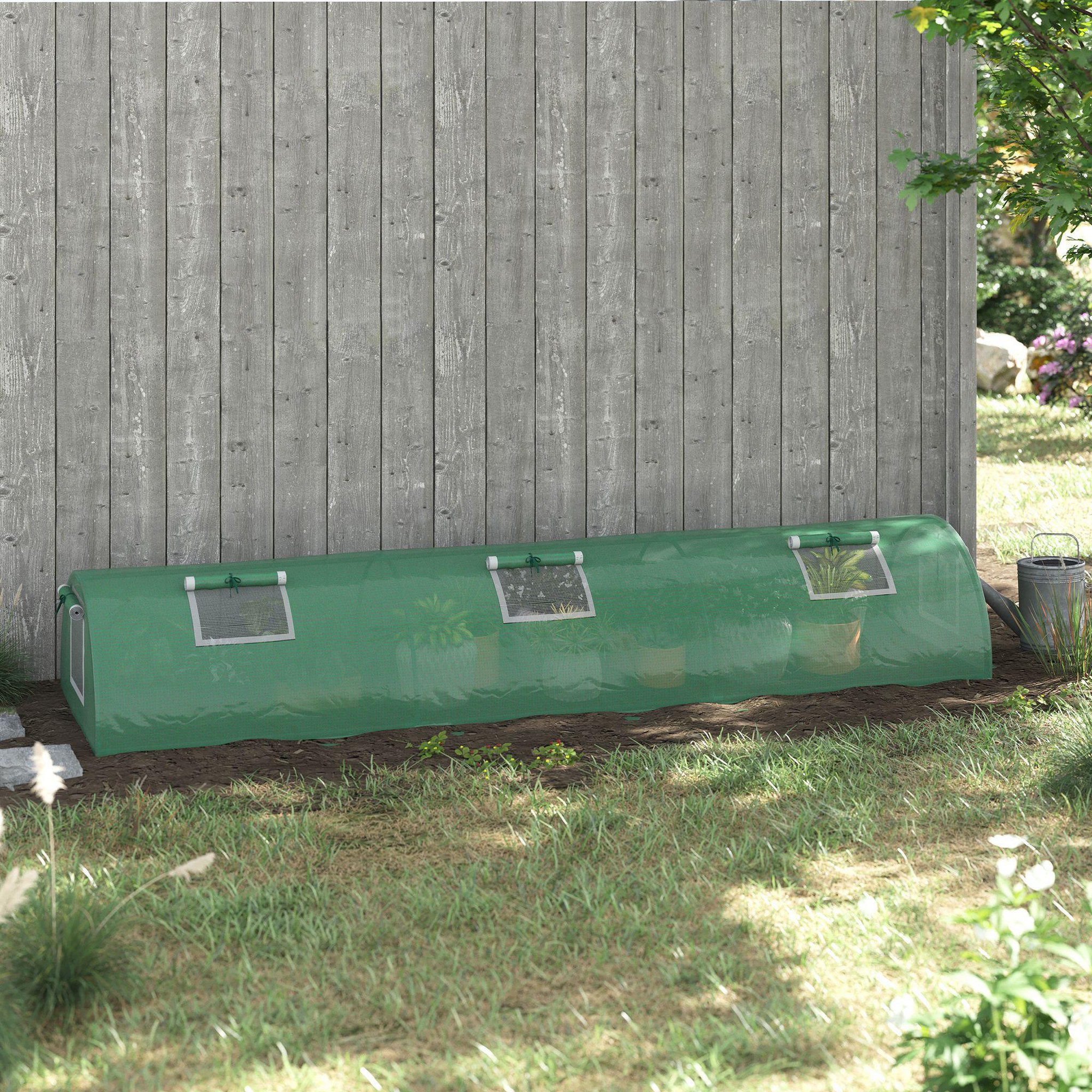 Voir la diapositive 2 : OUTSUNNY Mini serre de jardin serre à tomates dim. 300L x 80l x 45H cm acier PE 5 fenêtres zippées enroulables vert