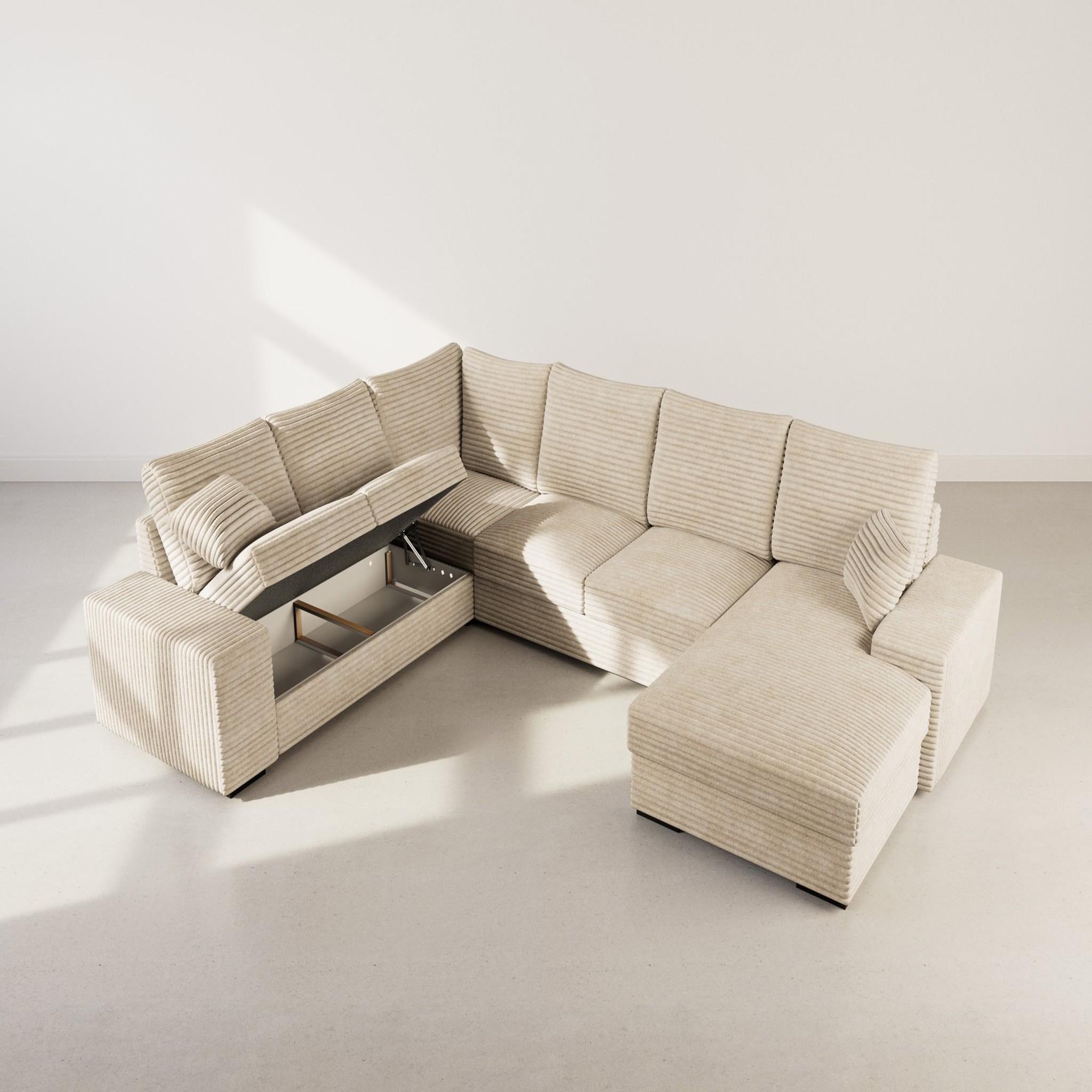 Voir la diapositive 2 : BEST MOBILIER Lorie - canapé panoramique d'angle gauche 7 places convertible en velours côtelé grosse côte avec coffre