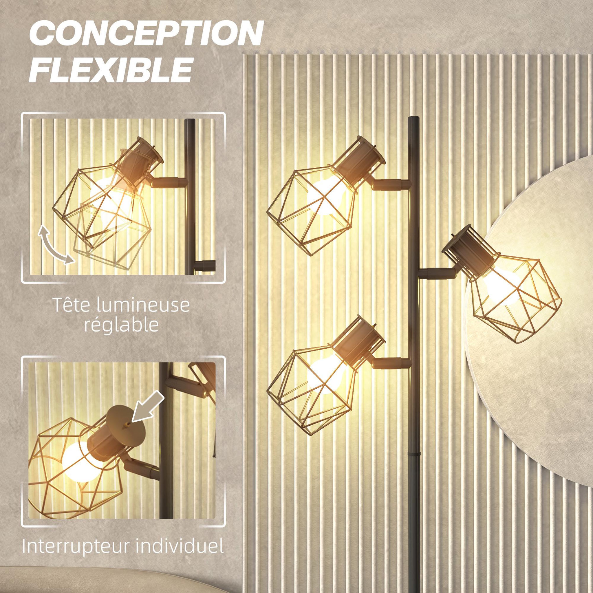 Voir la diapositive 5 : HOMCOM Lampadaire design industriel 3 ampoules max. 40w h.169 cm abat-jour cage métal noir