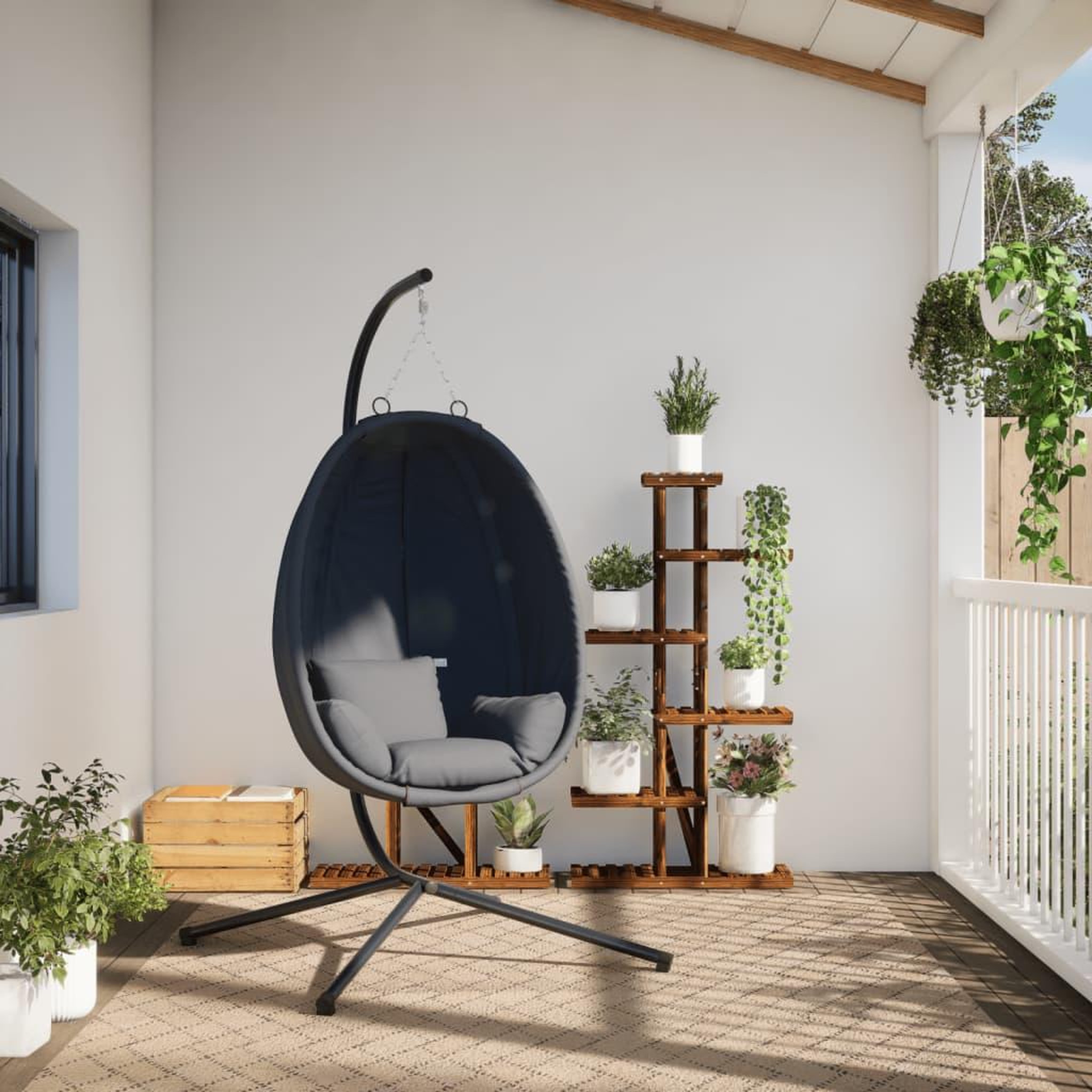 Voir la diapositive 3 : VIDAXL Chaise suspendue en forme d'œuf avec support anthracite