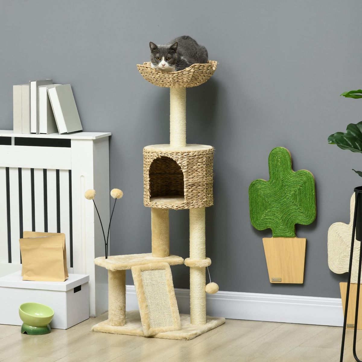 PAWHUT Arbre à chat style cosy chic griffoirs grattoir sisal naturel équipement multiple peluche jacinthe d'eau beige