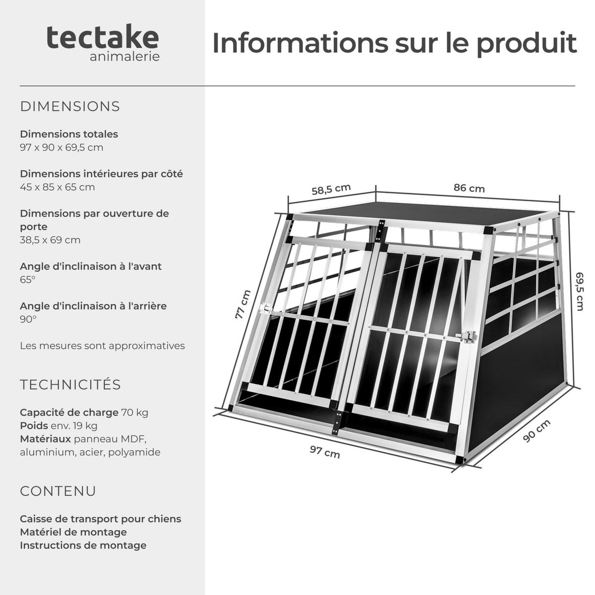 tectake Cage de transport pour chiens double sécurisée avec dos droit noir 97 x 90 x 69,5 cm