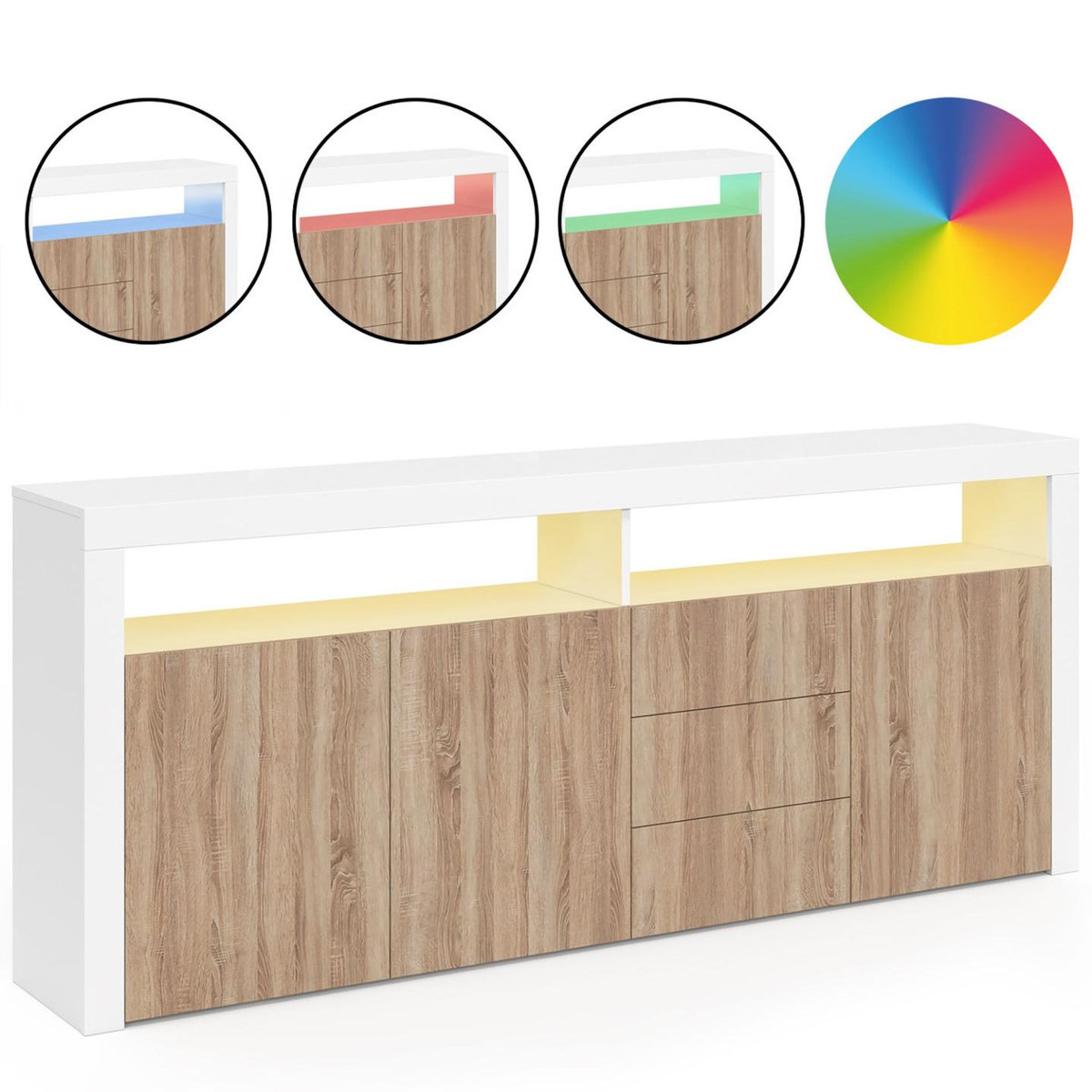 ID MARKET Buffet 180 cm ELIGHT XXL 3 portes et 3 tiroirs avec LED et niches blanc et bois façon hêtre