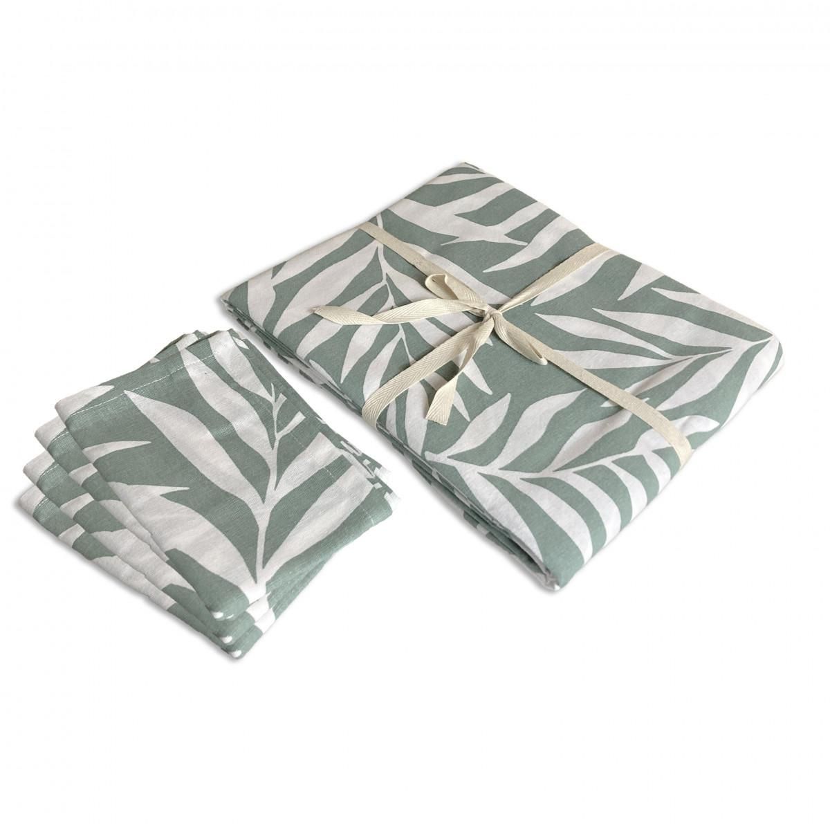 FUTURE HOME Lot nappe rectangle + 4 serviettes de table déperlante feuillage 140x240cm VERA