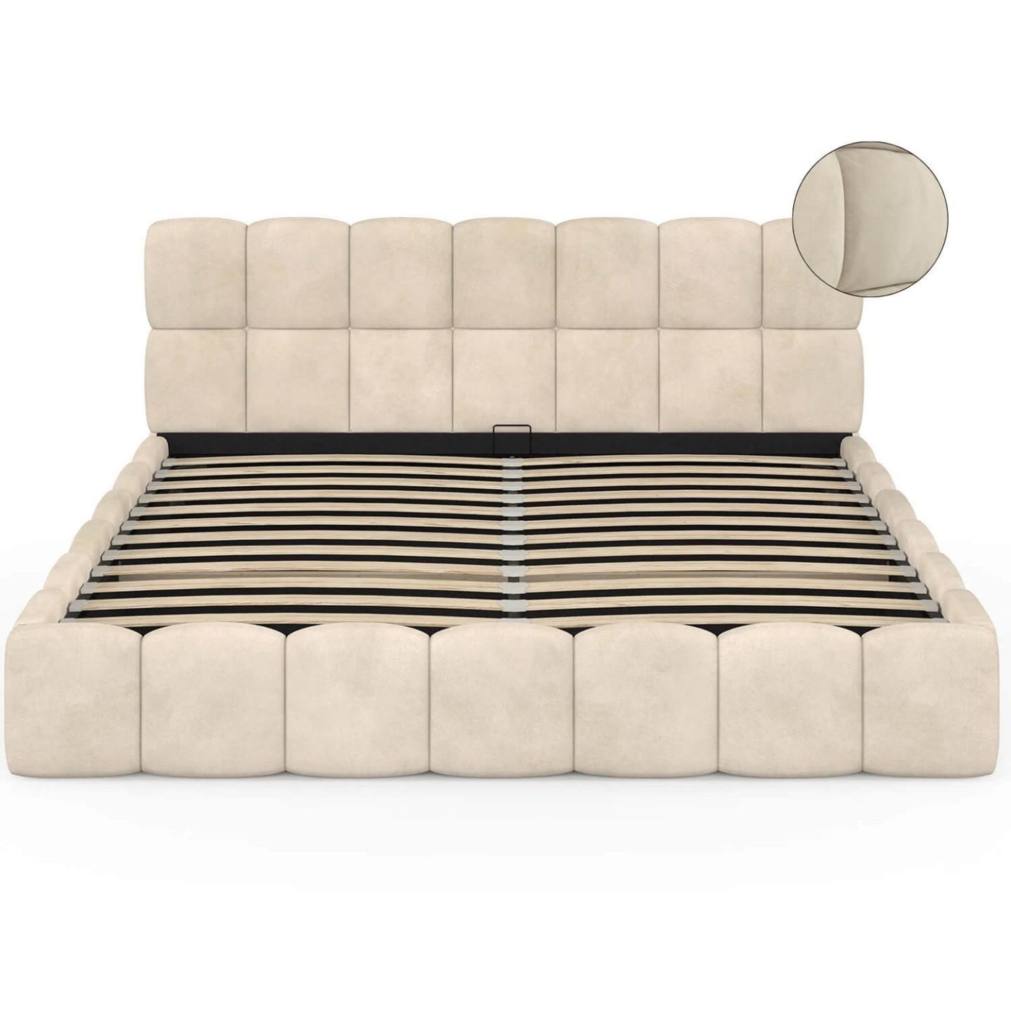 Voir la diapositive 3 : ID MARKET Lit coffre double nuage avec tête de lit matelassée et sommier 180 x 200 cm velours beige