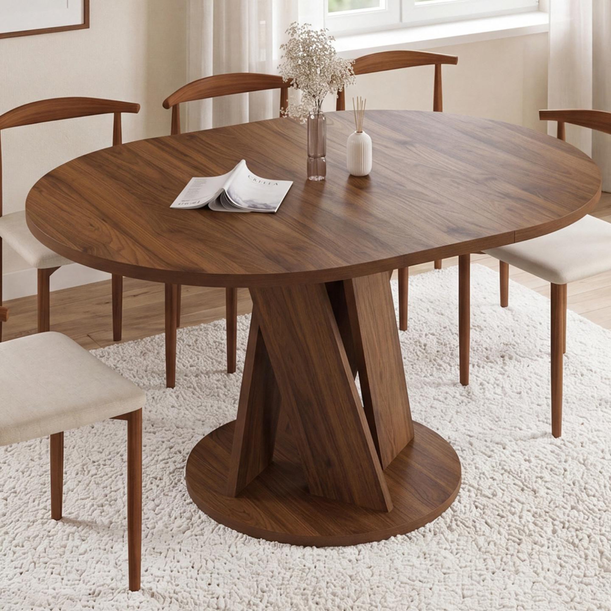 Voir la diapositive 2 : ID MARKET Table à manger extensible ronde jasmine 4-8 personnes pied central noyer 110-150 cm