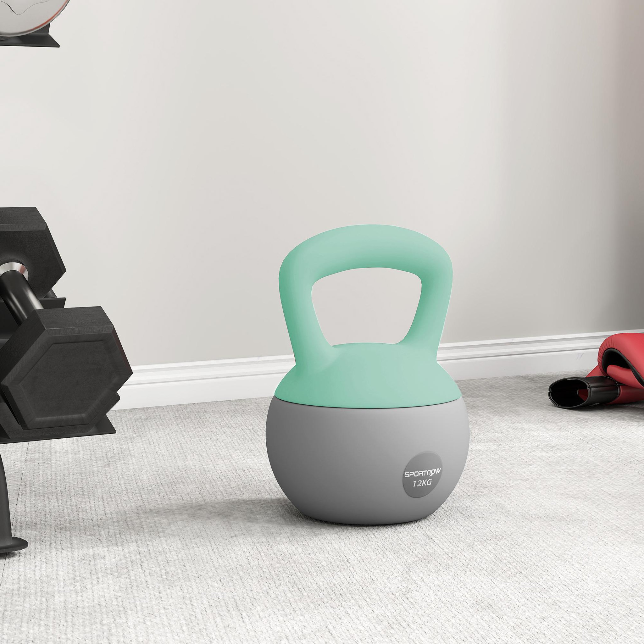 Voir la diapositive 2 : HOMCOM Kettlebell 12 kg - prise ergonomique - entraînement musculaire & haltérophilie - pvc gris vert d'eau