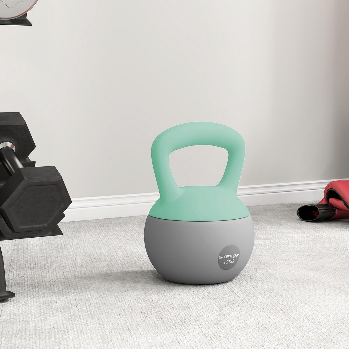 HOMCOM Kettlebell 12 Kg - prise ergonomique - entraînement musculaire & haltérophilie - PVC gris vert d'eau