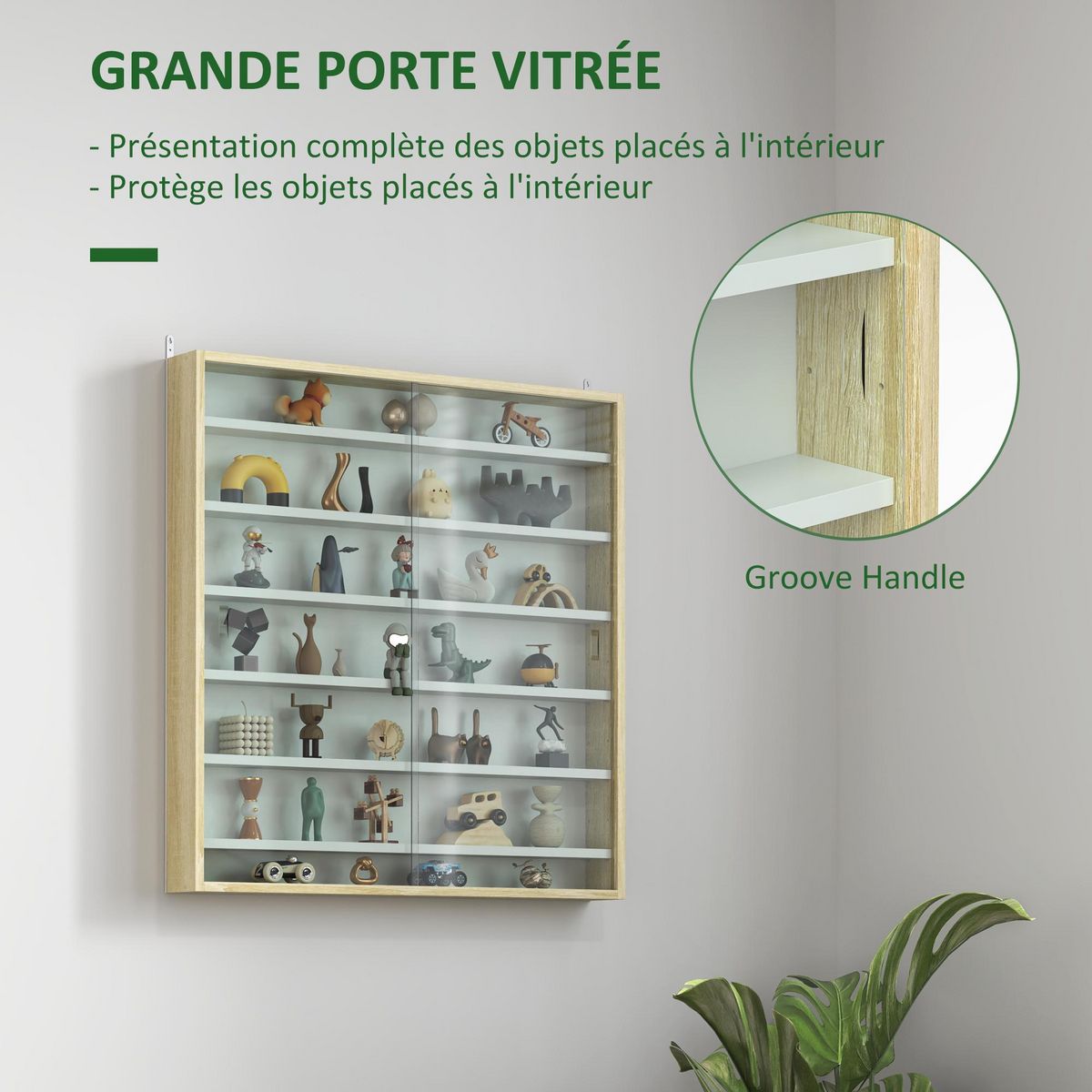 HOMCOM Vitrine murale 6 étagères réglables 2 portes coulissantes verre aspect bois clair blanc