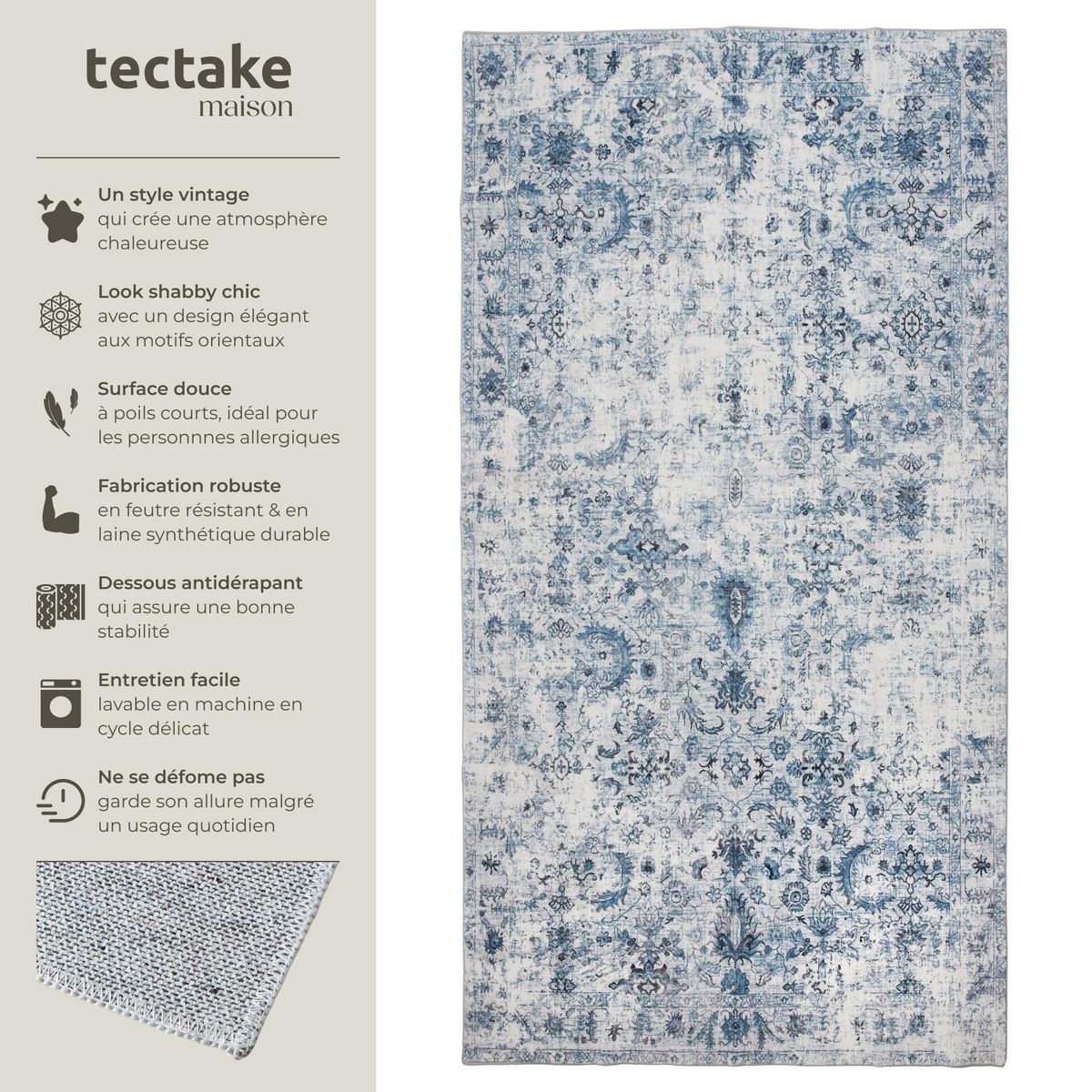 tectake Tapis vintage design à poils courts en laine synthétique et feutre bleu 80 x 150 cm
