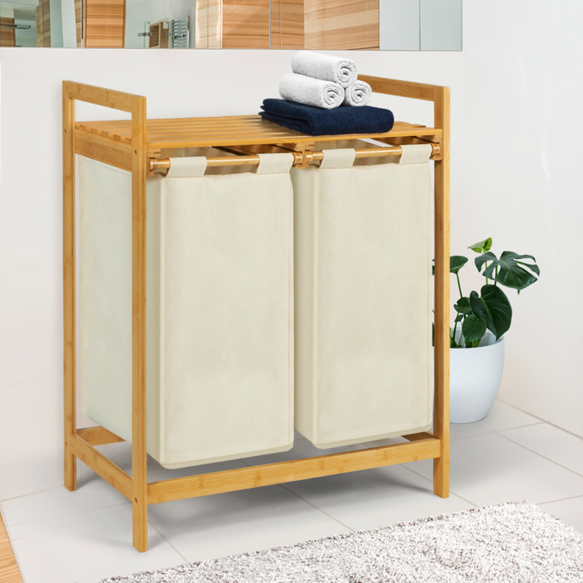 Voir la diapositive 2 : ID MARKET Panier à linge 2 bacs bambou bea tissu écru