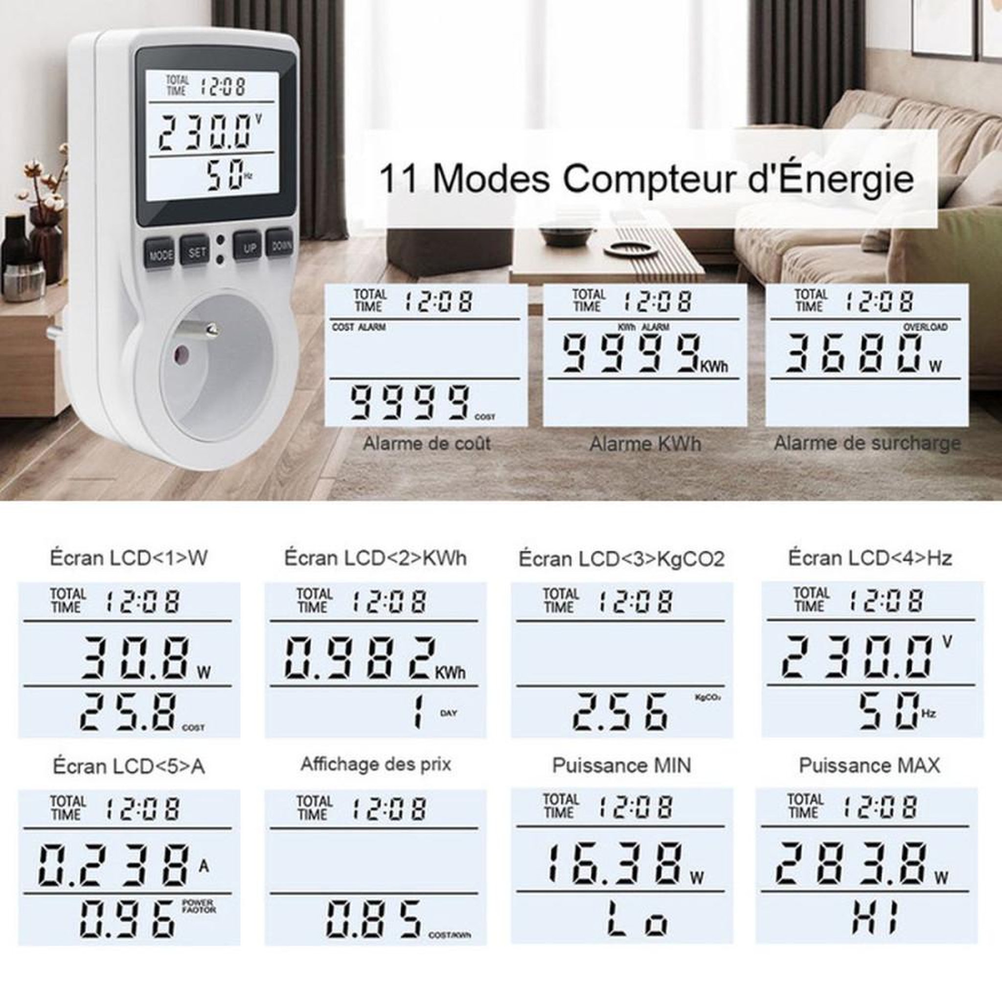 Voir la diapositive 2 : Prise wattmètre mesure l'énergie en temps réel 230 V, écran LCD rétroéclairé blanc, 11 modes, seuil de surcharge réglable jusqu'à 3680 W, alertes SURCHARGE
