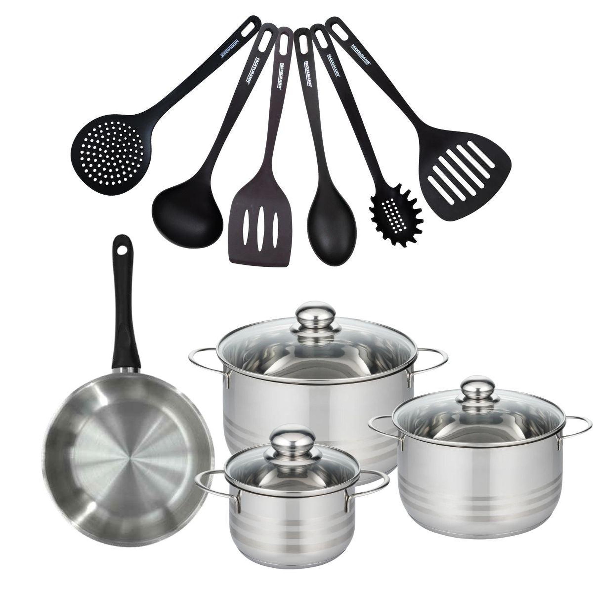 Fackelmann Batterie de cuisine avec 1 poêle 20 cm et 3 faitouts 16/20/24 cm et 6 ustensiles de cuisine sans pfas fackelmann généva brillant fénix