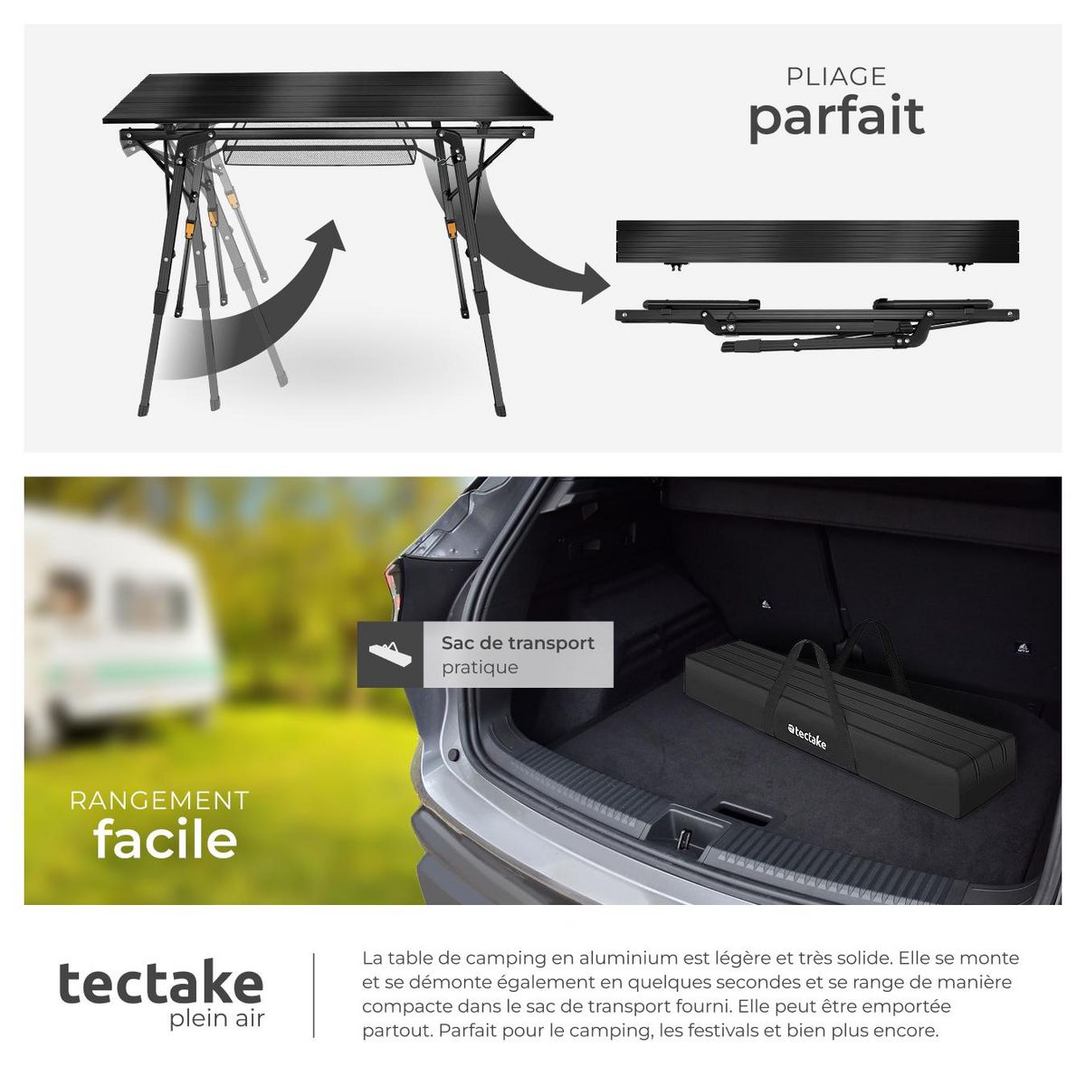 tectake Table de camping pliable noir