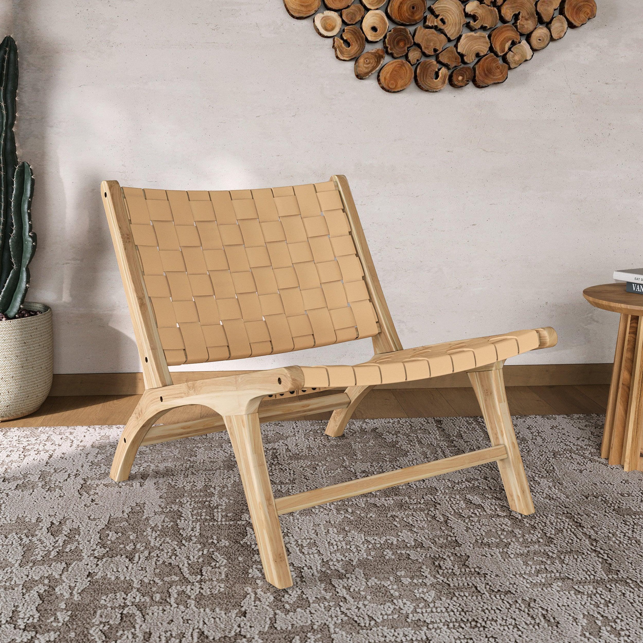 Voir la diapositive 2 : MAISON PAVANE Fauteuil en teck et cuir tressé beige-kuna