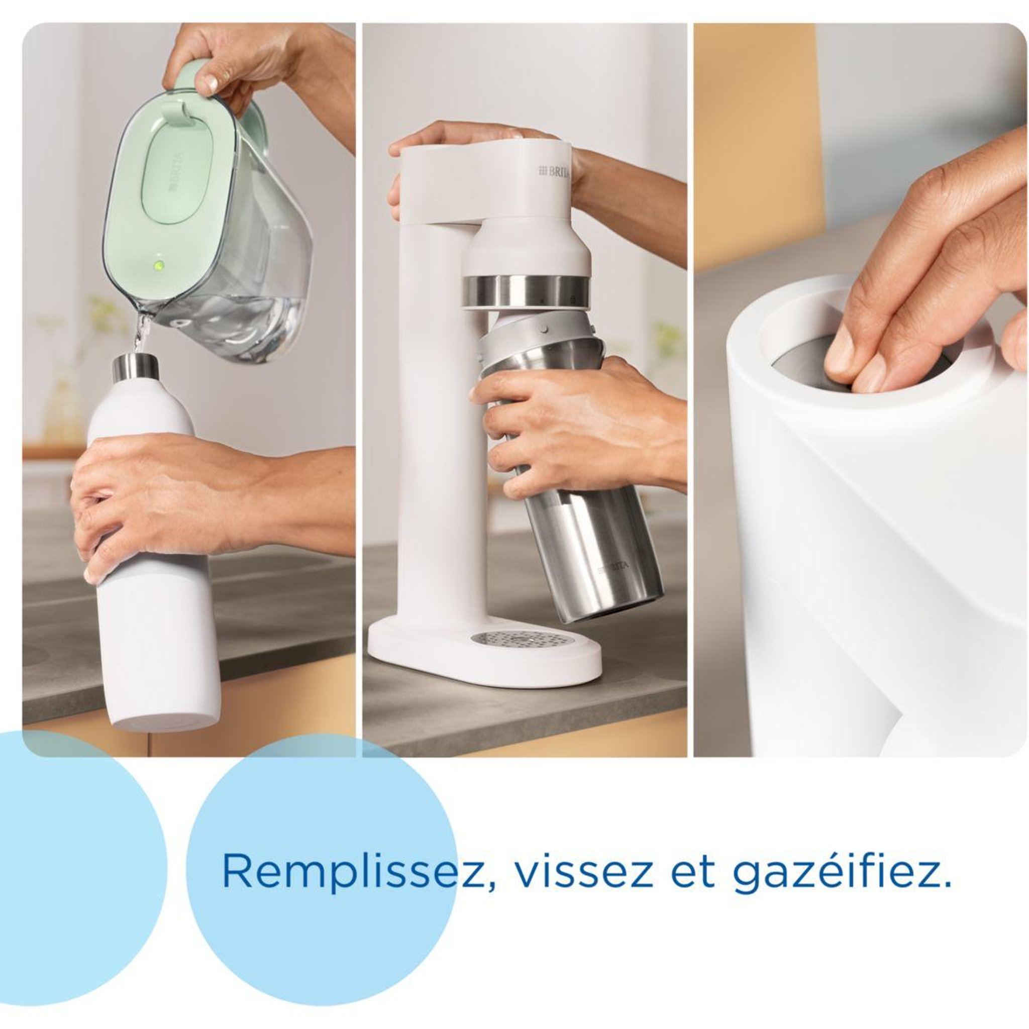 Voir la diapositive 2 : Brita Machine à soda sodaTRIO blanche + 1 cylindre CO+ 1 bouteille verre 1L + 1 bouteille isotherme 0.65L