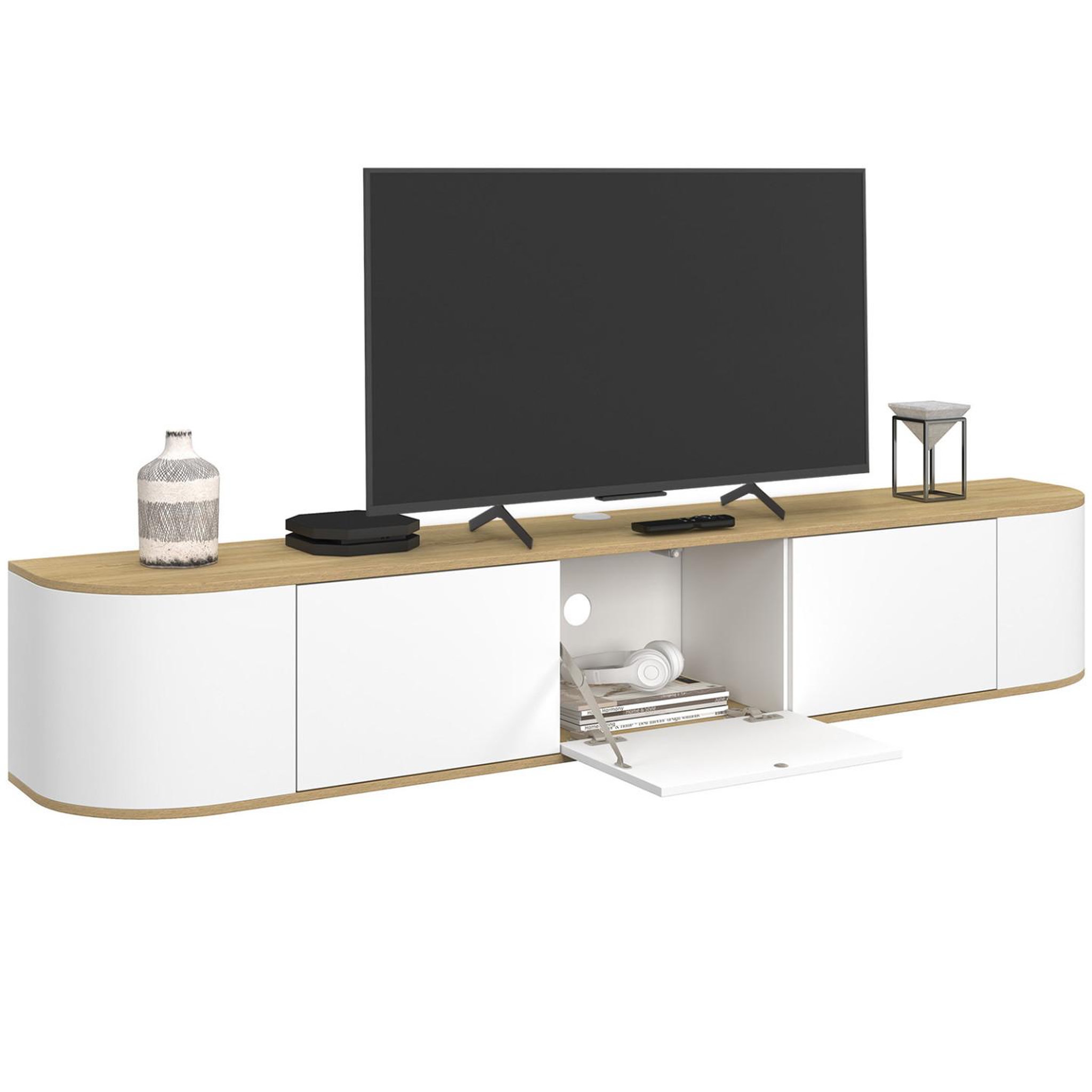 Voir la diapositive 4 : ID MARKET Meuble tv 180 cm suspendu leora 3 portes bois et blanc
