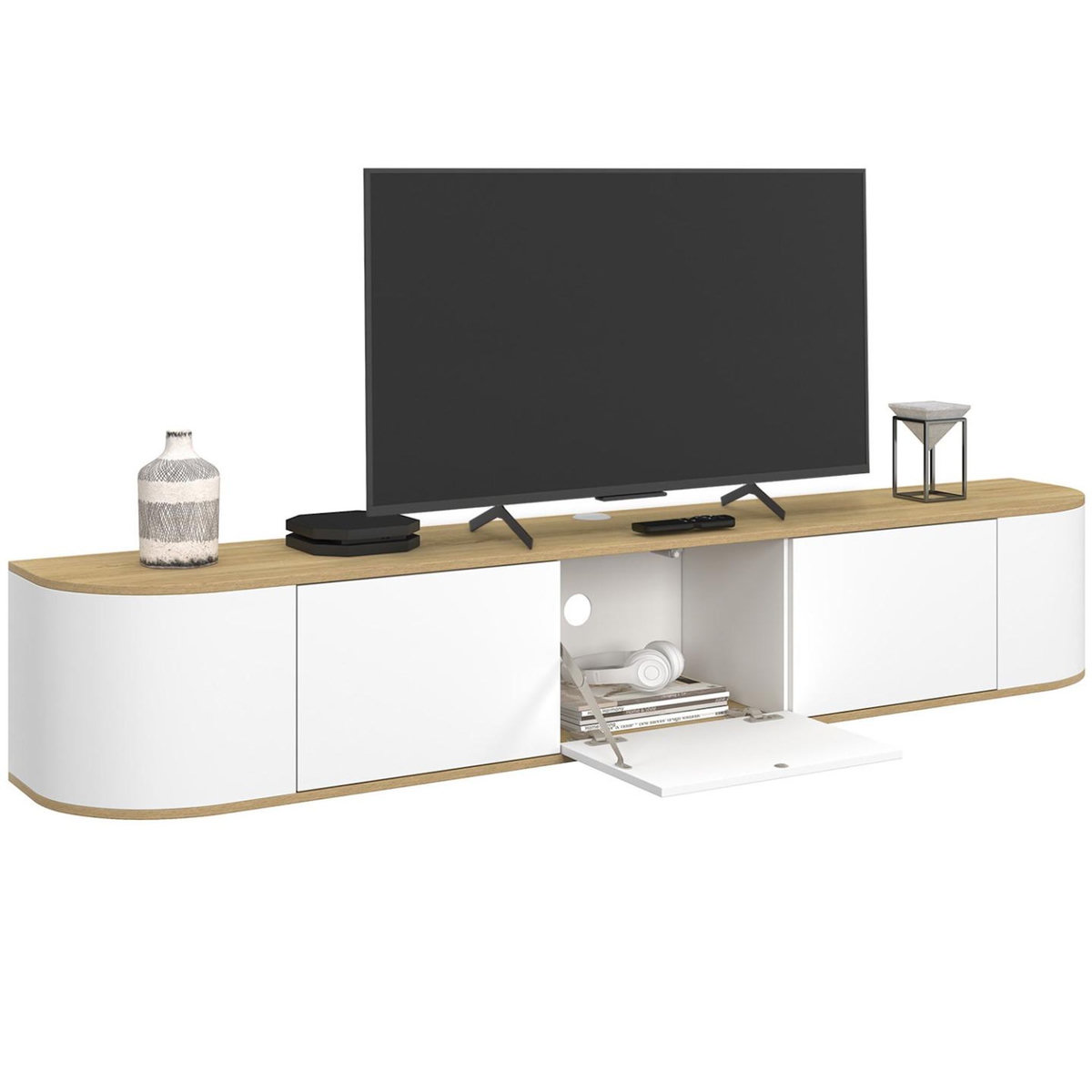 ID MARKET Meuble TV 180 cm suspendu LEORA 3 portes bois et blanc