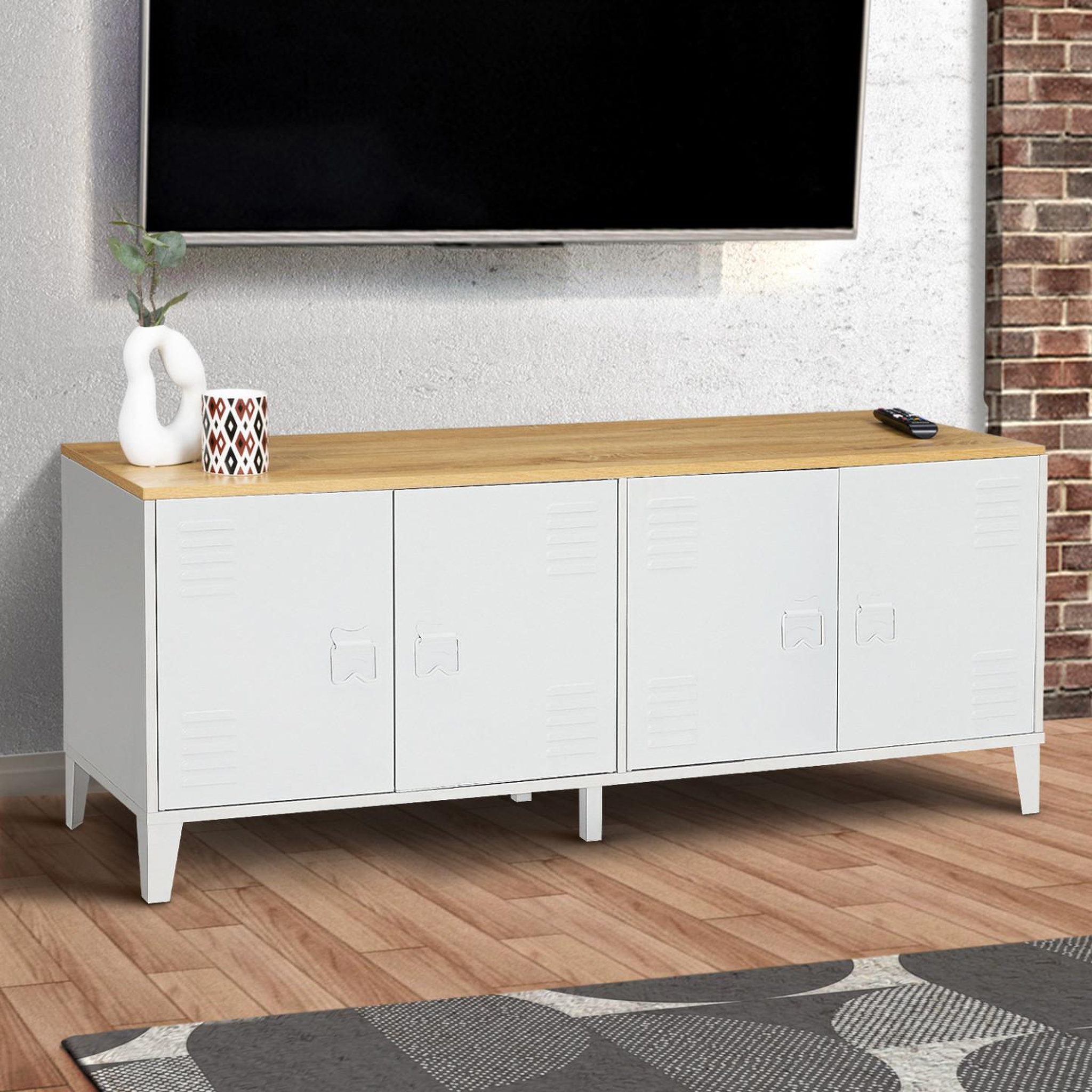Voir la diapositive 2 : ID MARKET Buffet bas 140 cm ester 4 portes métal blanc plateau bois design industriel