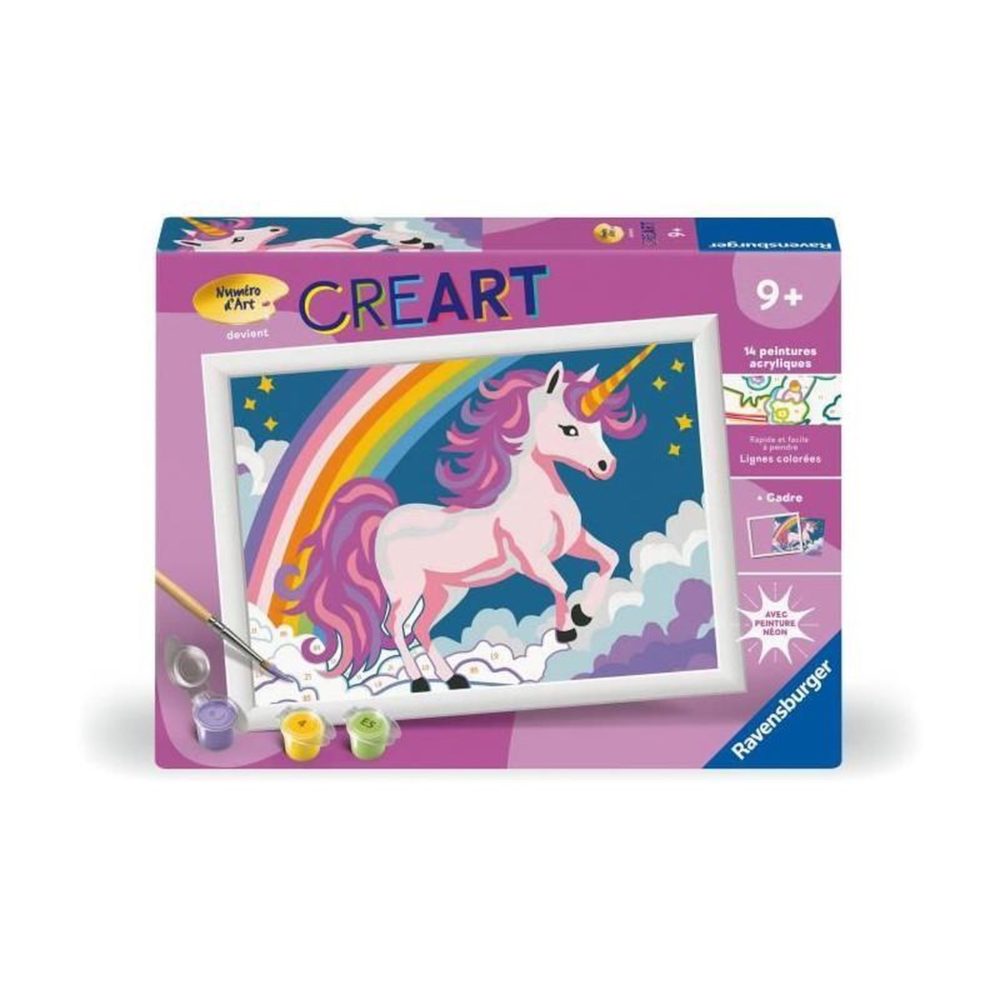 RAVENSBURGER CreArt Kids 18x24cm Licorne Néon, Kit de peinture par numéros Numéro d'Art, Des 7 ans, 25904, Ravensburger